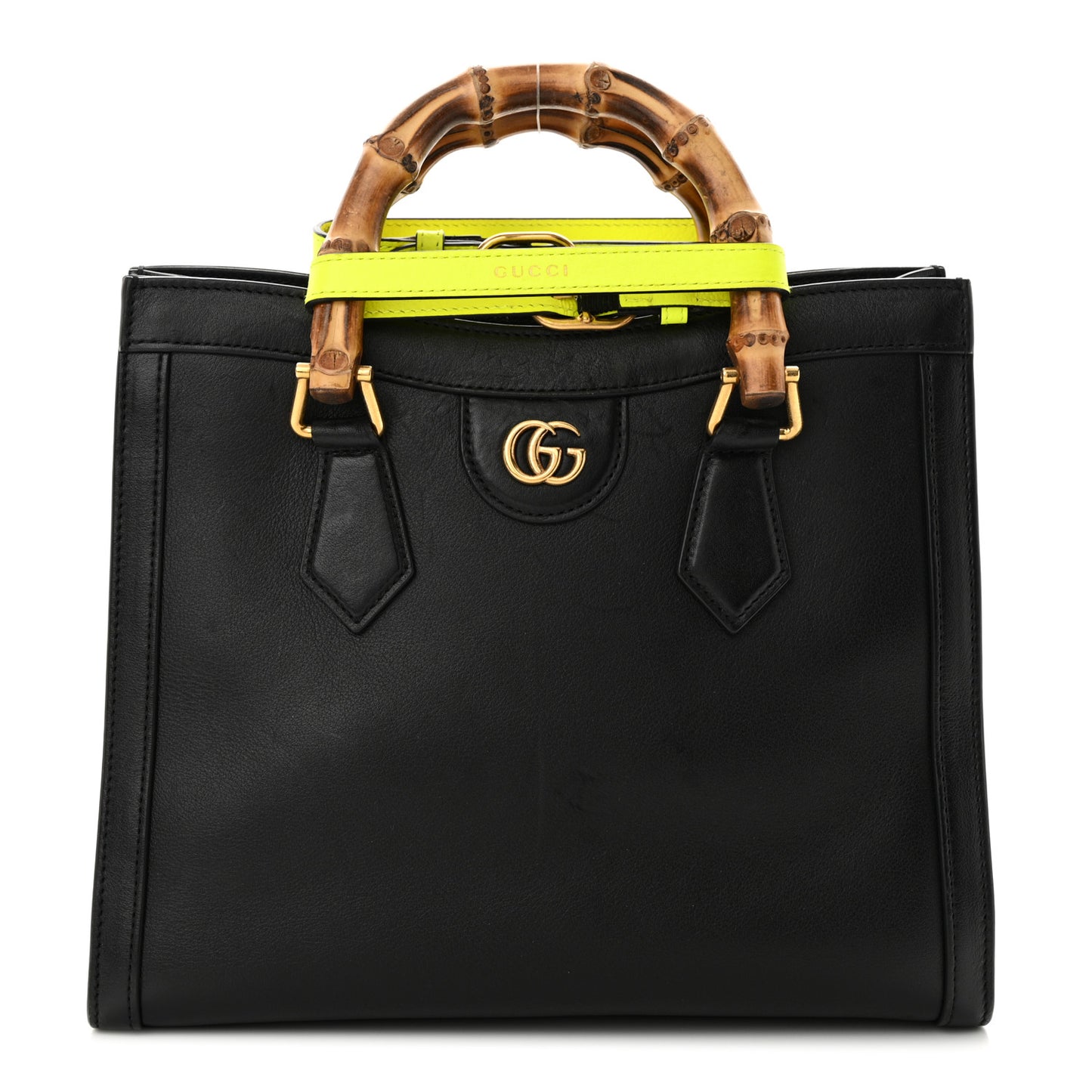 Calfskin Small Diana Tote Bag Black Yellow Fluo