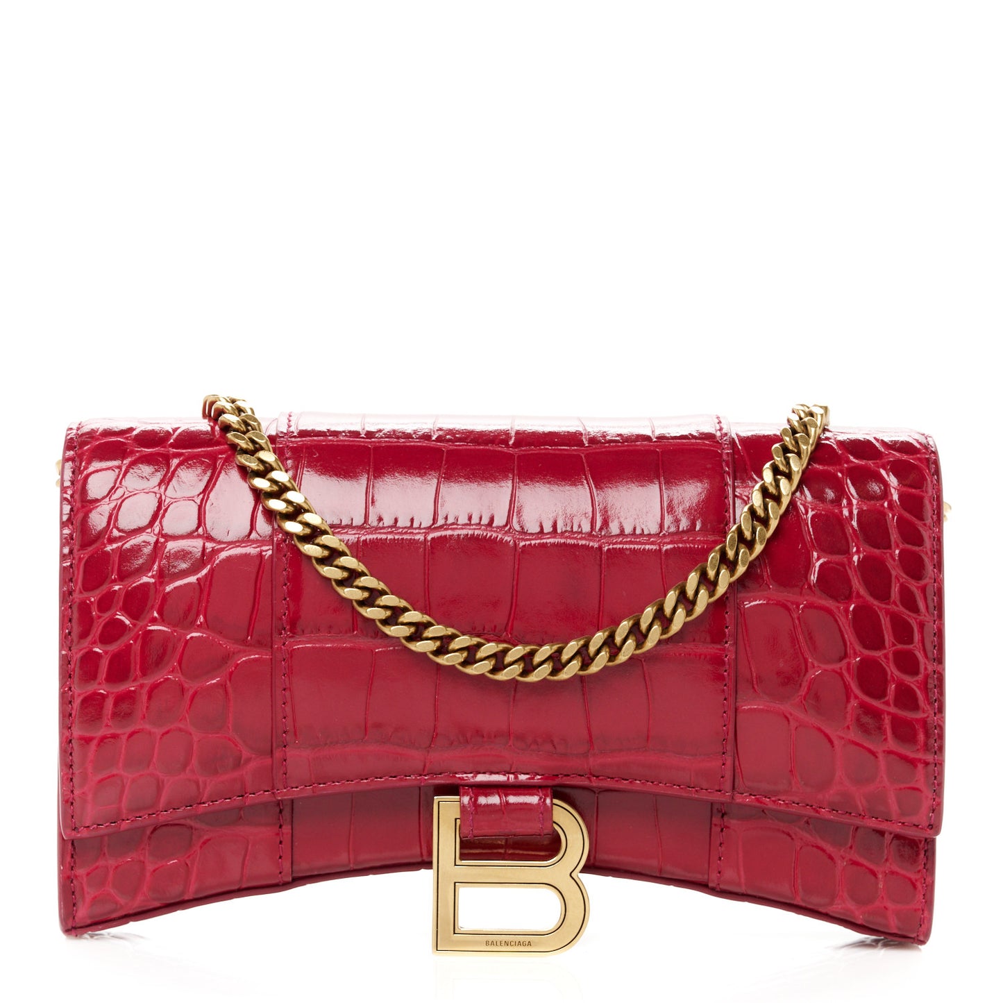 Shiny Calfskin Crocodile Embossed Hourglass Chain Bag Dark Red