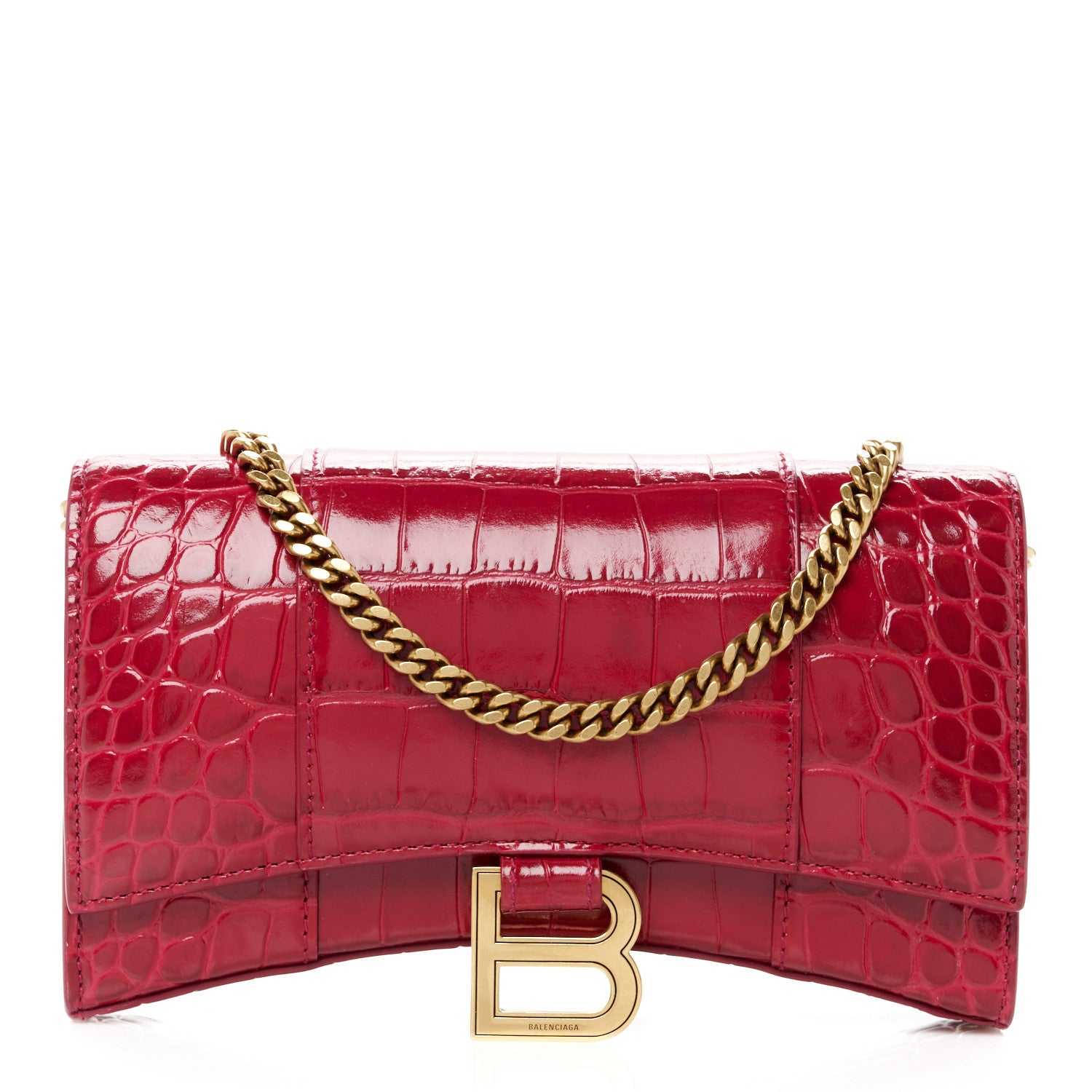 Balenciaga Shiny Calfskin Crocodile Embossed Hourglass Chain Bag Dark Red 1 of 11