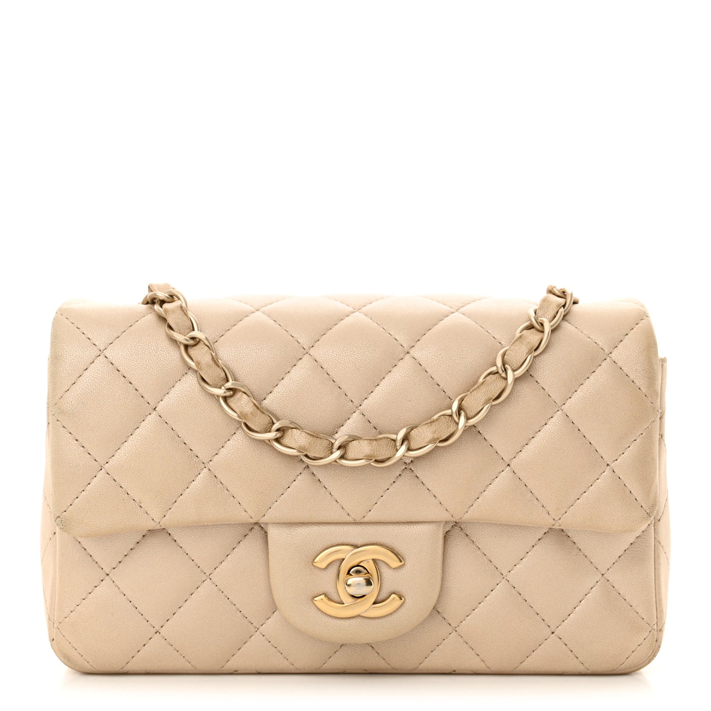 Iridescent Calfskin Quilted Mini Rectangular Flap Beige