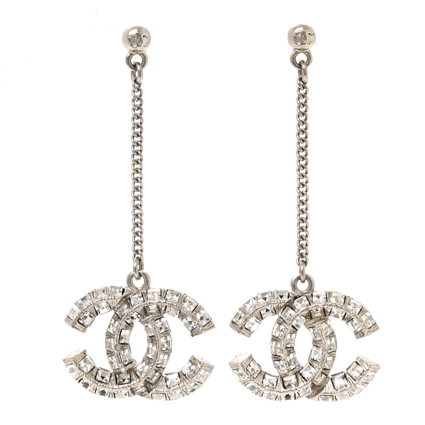 Baguette Crystal CC Drop Earrings Silver