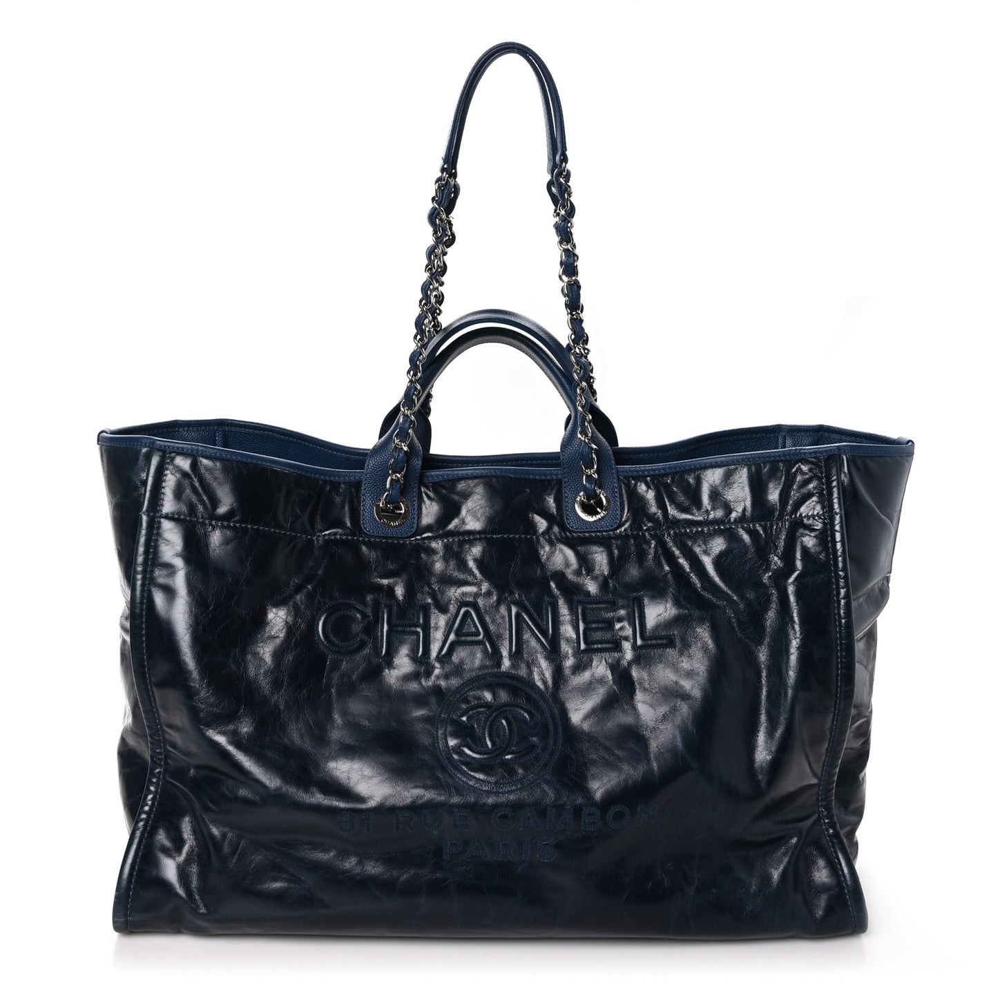 Glazed Calfskin Large Deauville Tote Blue