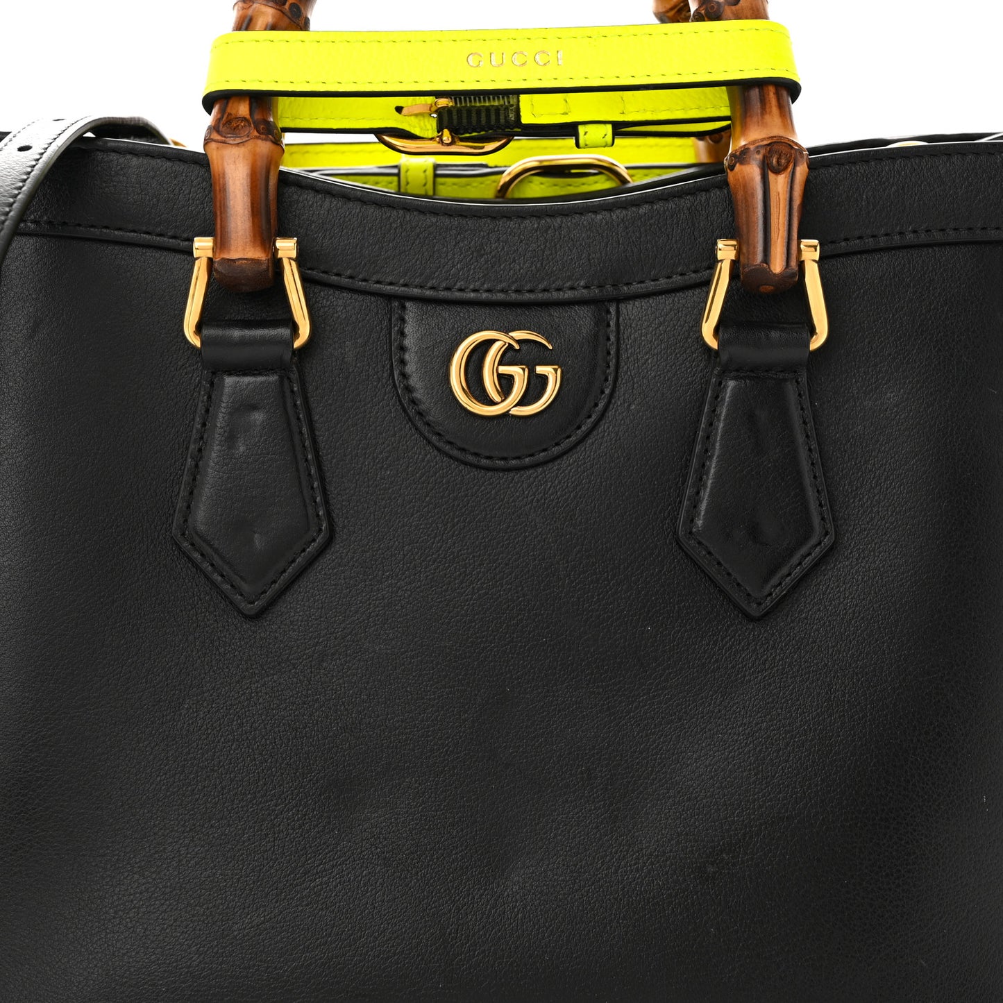 Calfskin Small Diana Tote Bag Black Yellow Fluo