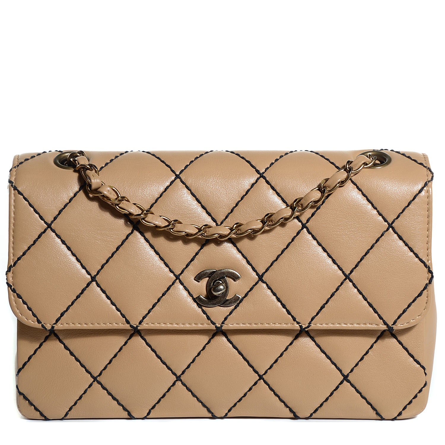 Chanel Calfskin Quilted Medium Wild Stitch Flap Beige 103225