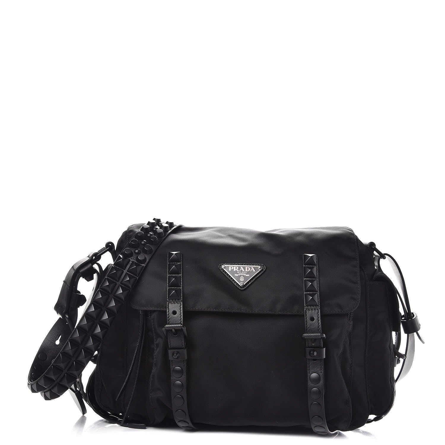 Prada Nylon New Vela Studded Messenger Bag Black 282097 – FASHIONPHILE