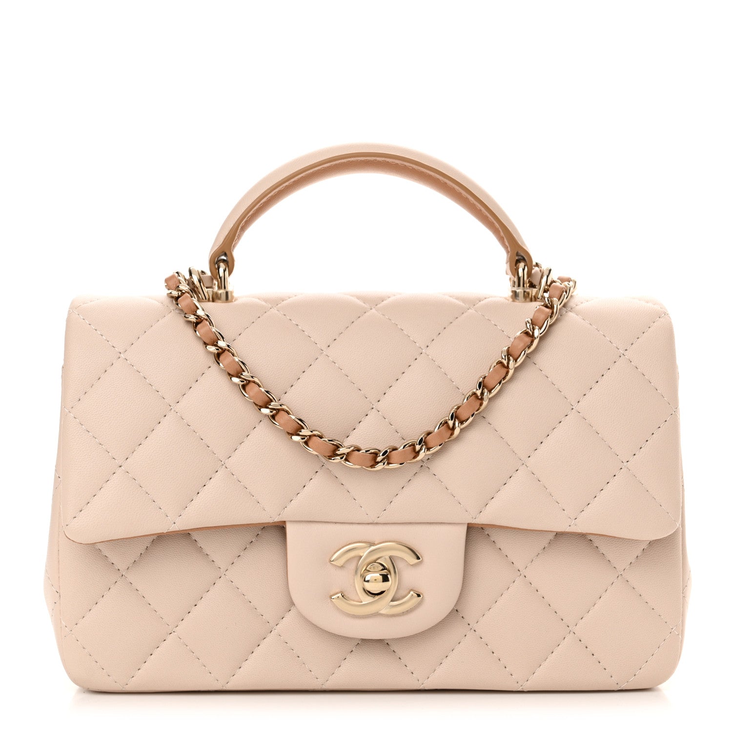 Chanel Lambskin Quilted Bi-Color Mini Top Handle Rectangular Flap Ecru Dark Beige 1 of 11