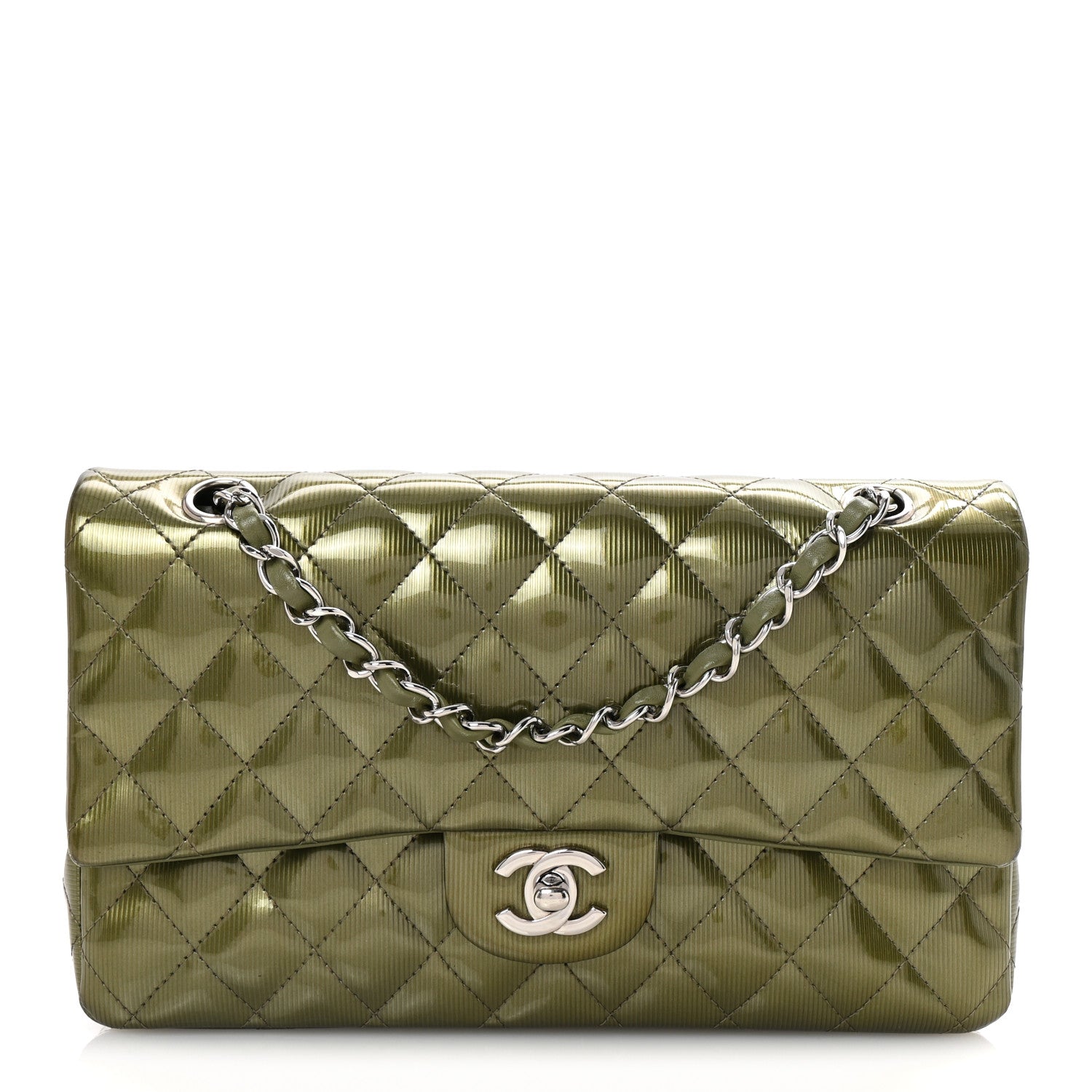 Chanel Striated Patent Quilted Medium Double Flap Green 1744872