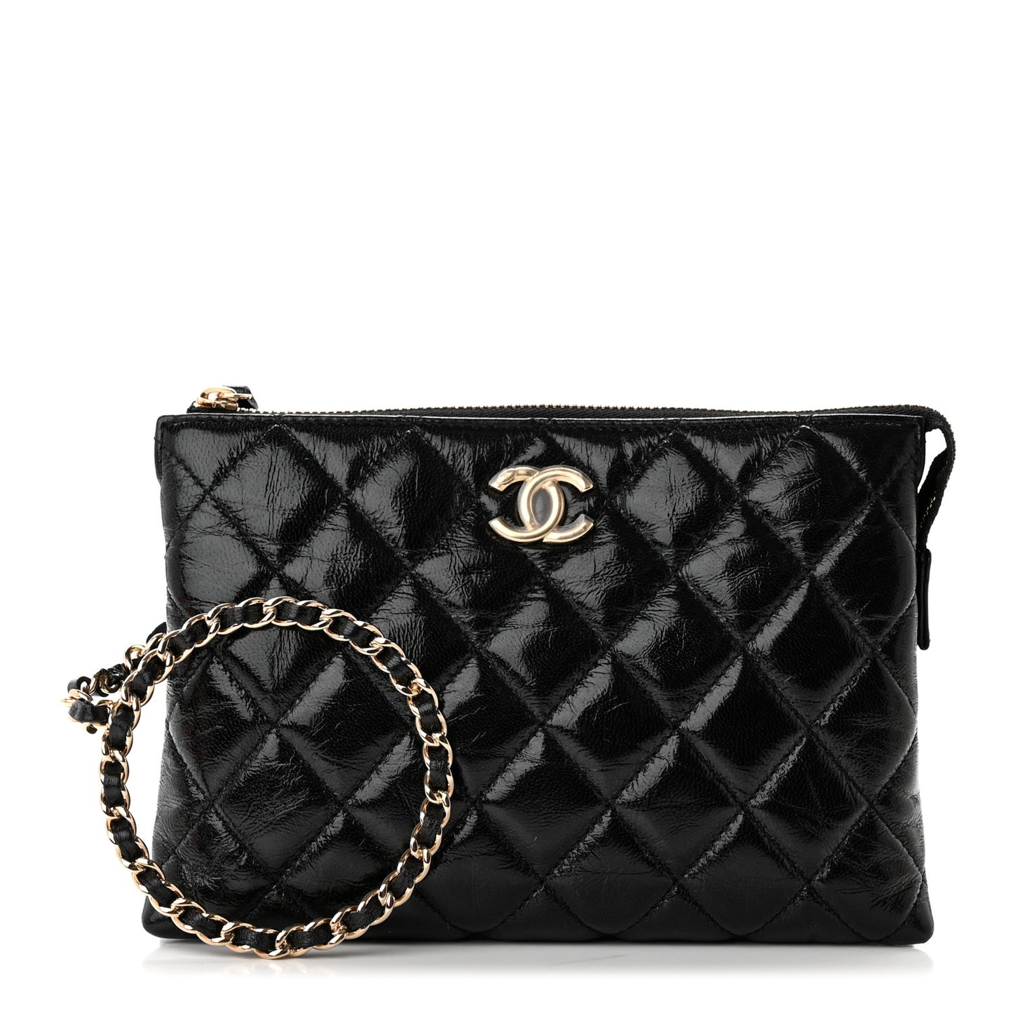 Shiny Crumpled Calfskin Quilted Clutch Bag Black