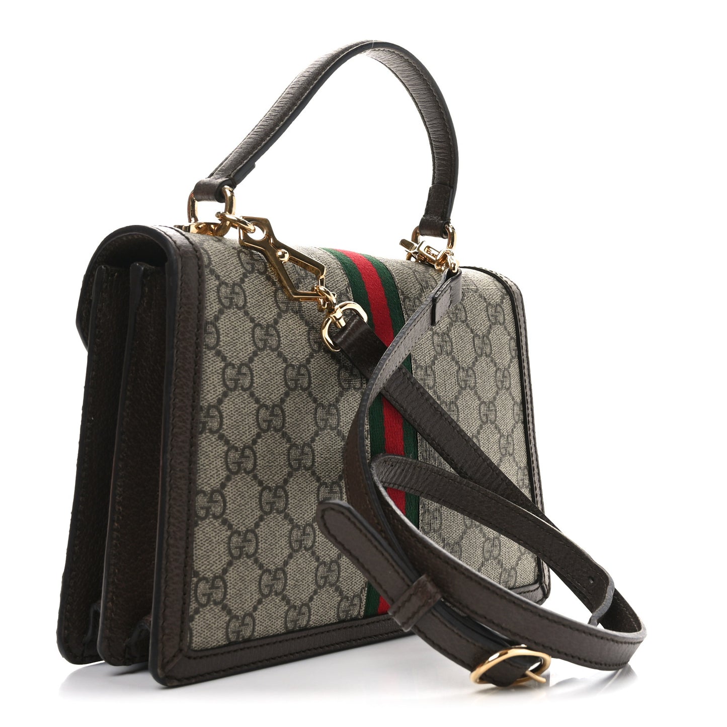 GG Supreme Monogram Textured Dollar Calfskin Web Small Ophidia Padlock Top Handle Bag Beige Ebony New Acero