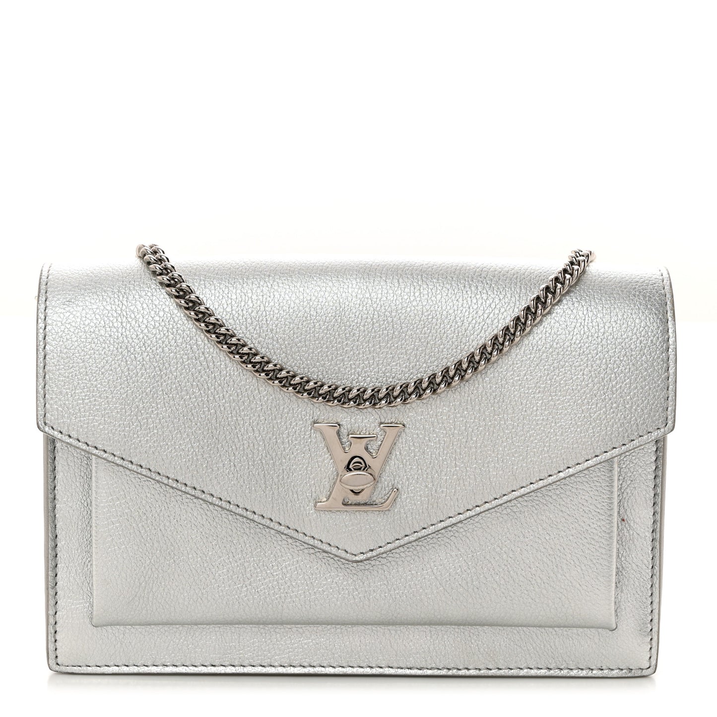 Metallic Soft Calfskin Mylockme Chain Pochette Silver