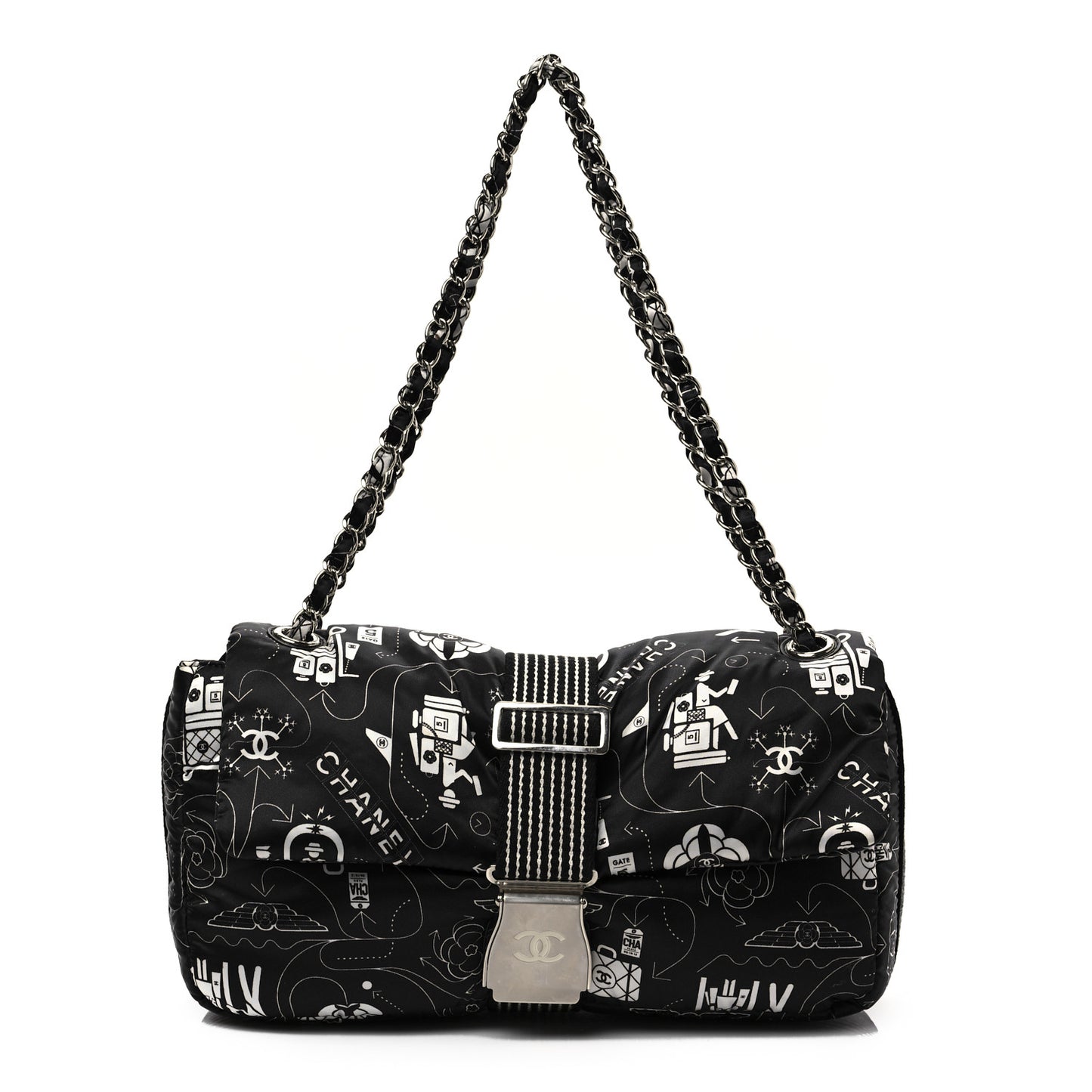 Nylon Medium Airline Buckle Flap Bag Black White