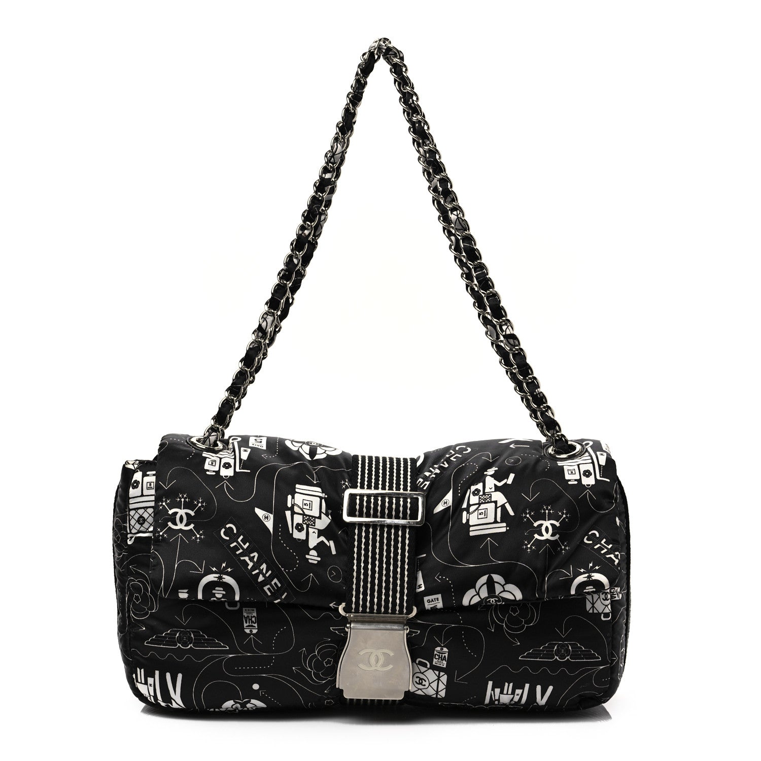Chanel Nylon Medium Airline Buckle Flap Bag Black White 1 of 8