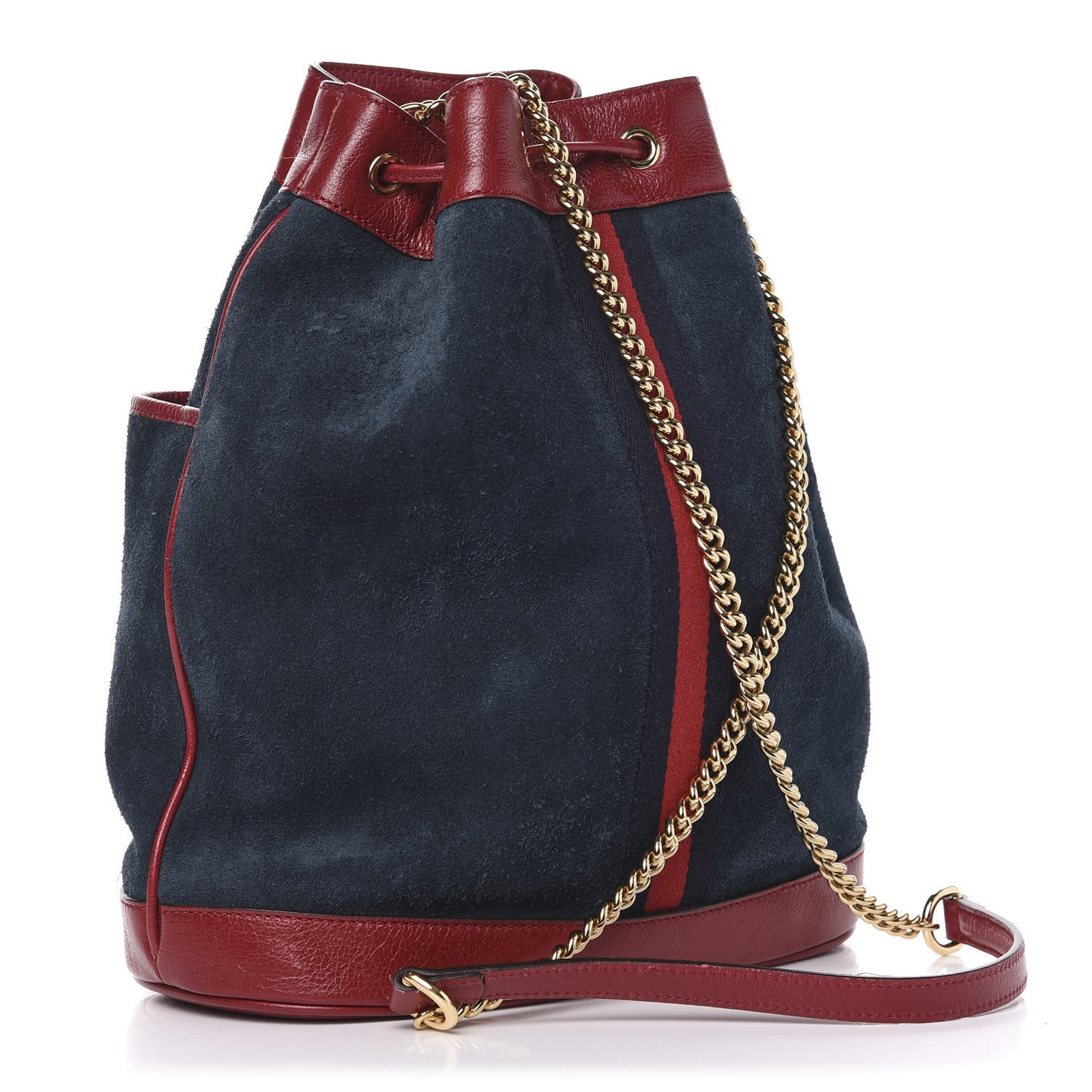 Suede Calfskin Web Medium Rajah Bucket Bag New Blue Romantic Cherry