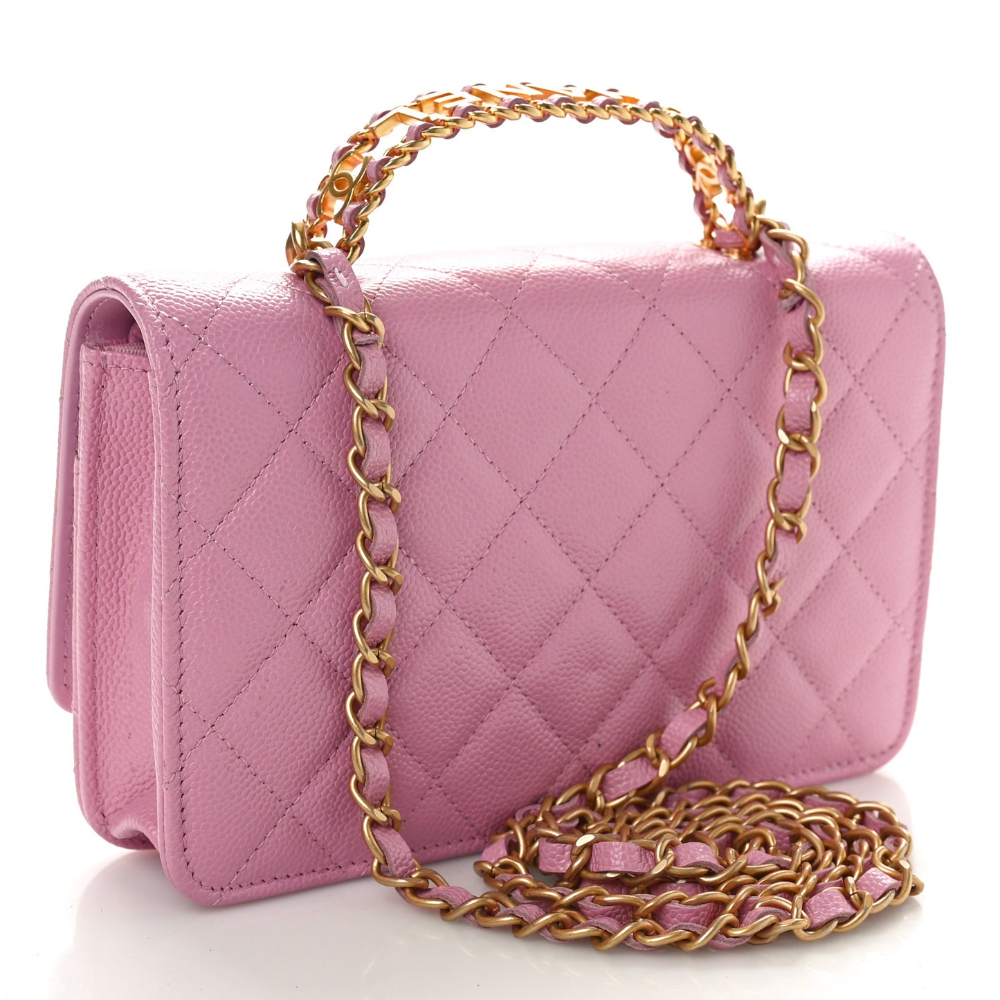 Shiny Caviar Quilted Pick Me Up Wallet On Chain WOC Pink
