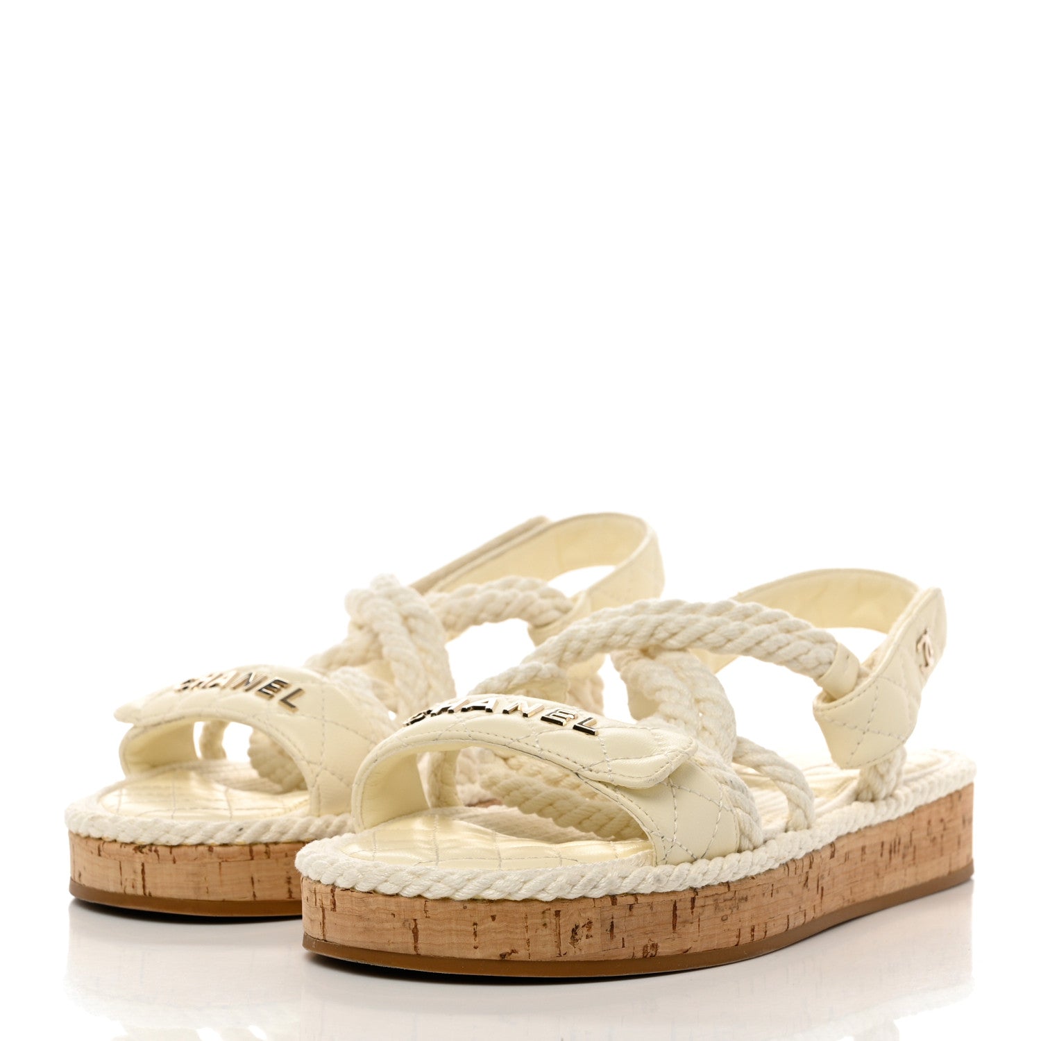 Chanel Cord Lambskin Quilted Logo Sandals 37 White 3 of 8