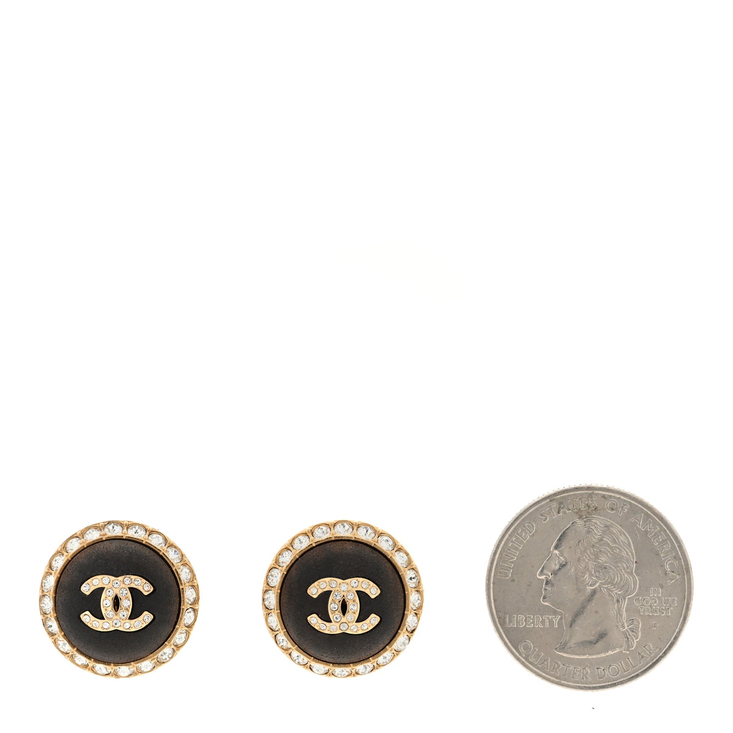 Metal Wood Crystal CC Round Earrings Gold Brown