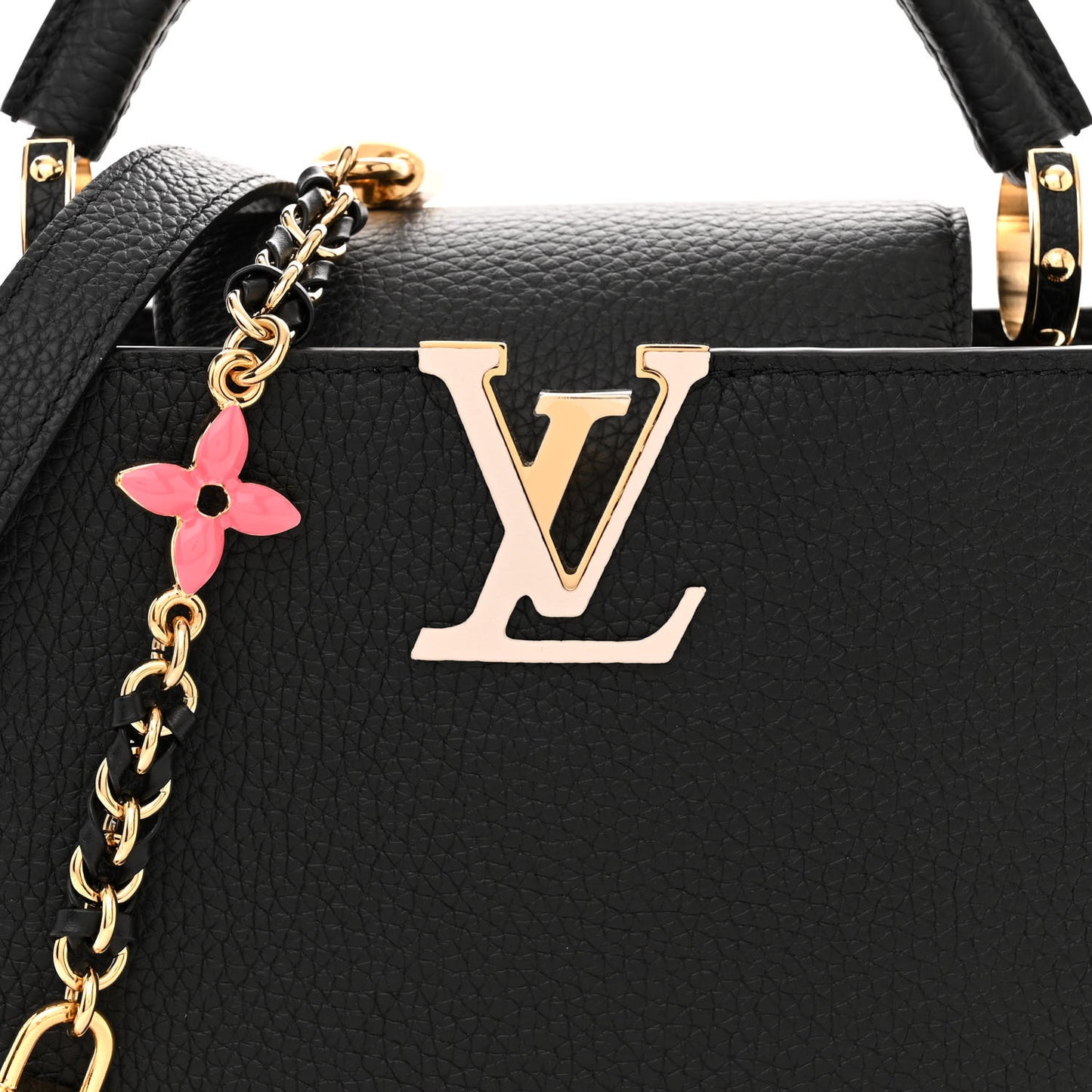 Taurillon Enamel Flower Padlock Chain Capucines BB Black