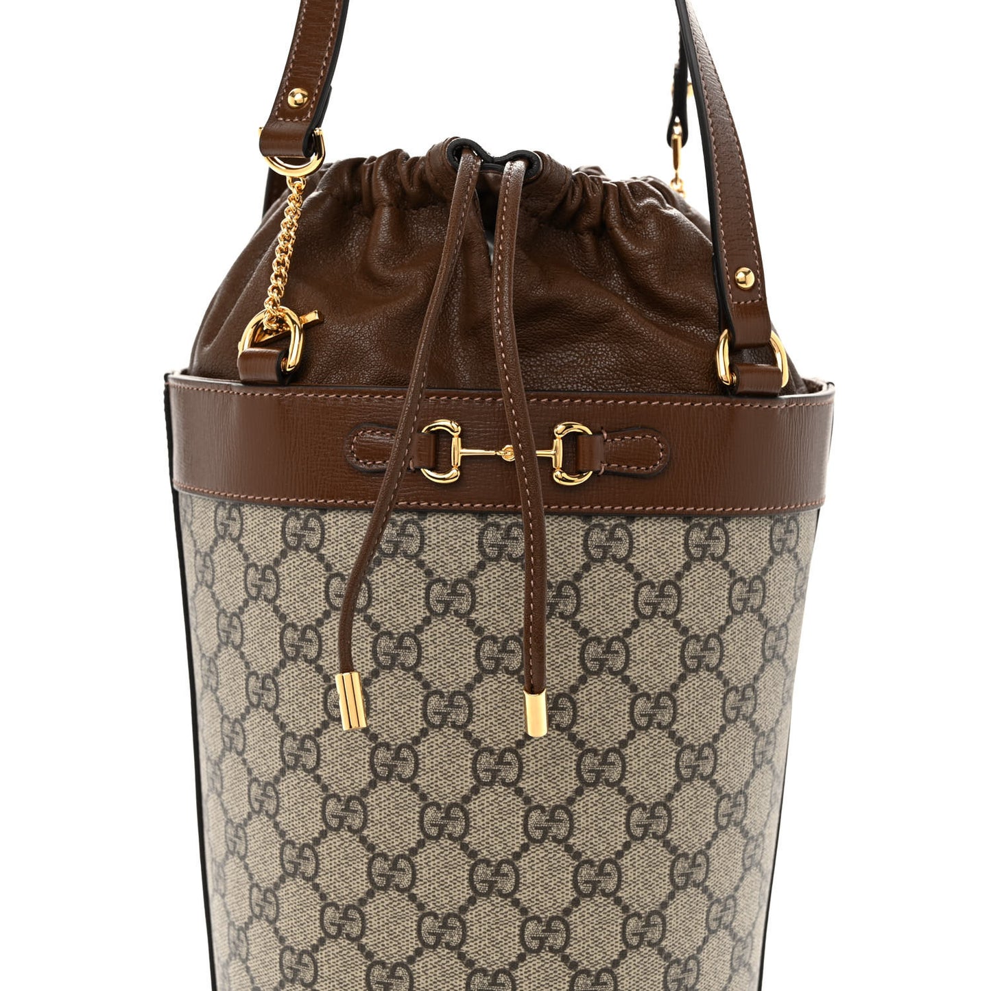 GG Supreme Monogram Azalea Sakai Calfskin Small Horsebit 1955 Drawstring Bucket Bag Beige Ebony Brown Sugar