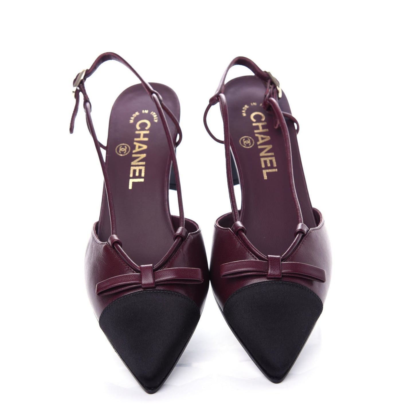 Lambskin Satin Slingback Cap Toe Bow Pumps 36.5 Burgundy Black