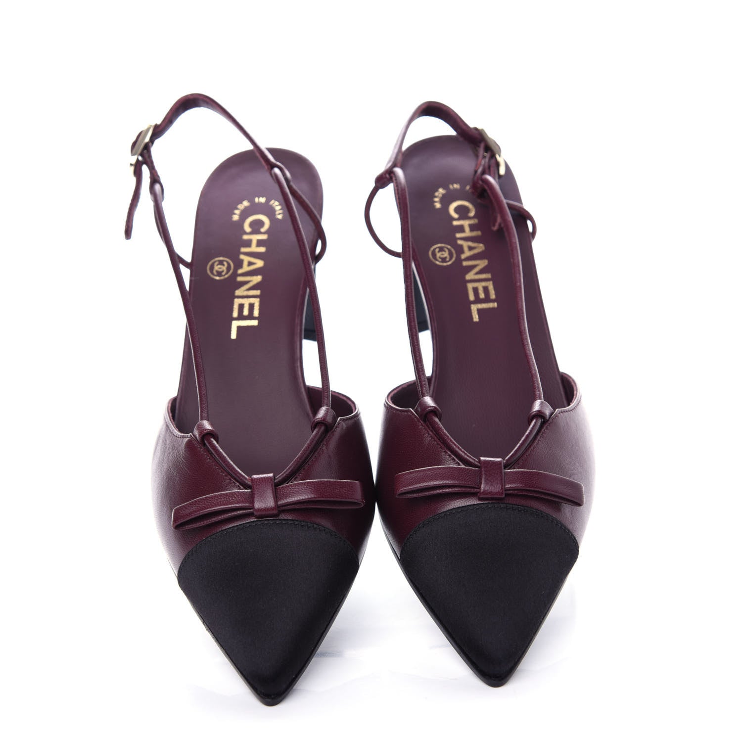 Chanel Lambskin Satin Slingback Cap Toe Bow Pumps 36.5 Burgundy Black 5 of 11