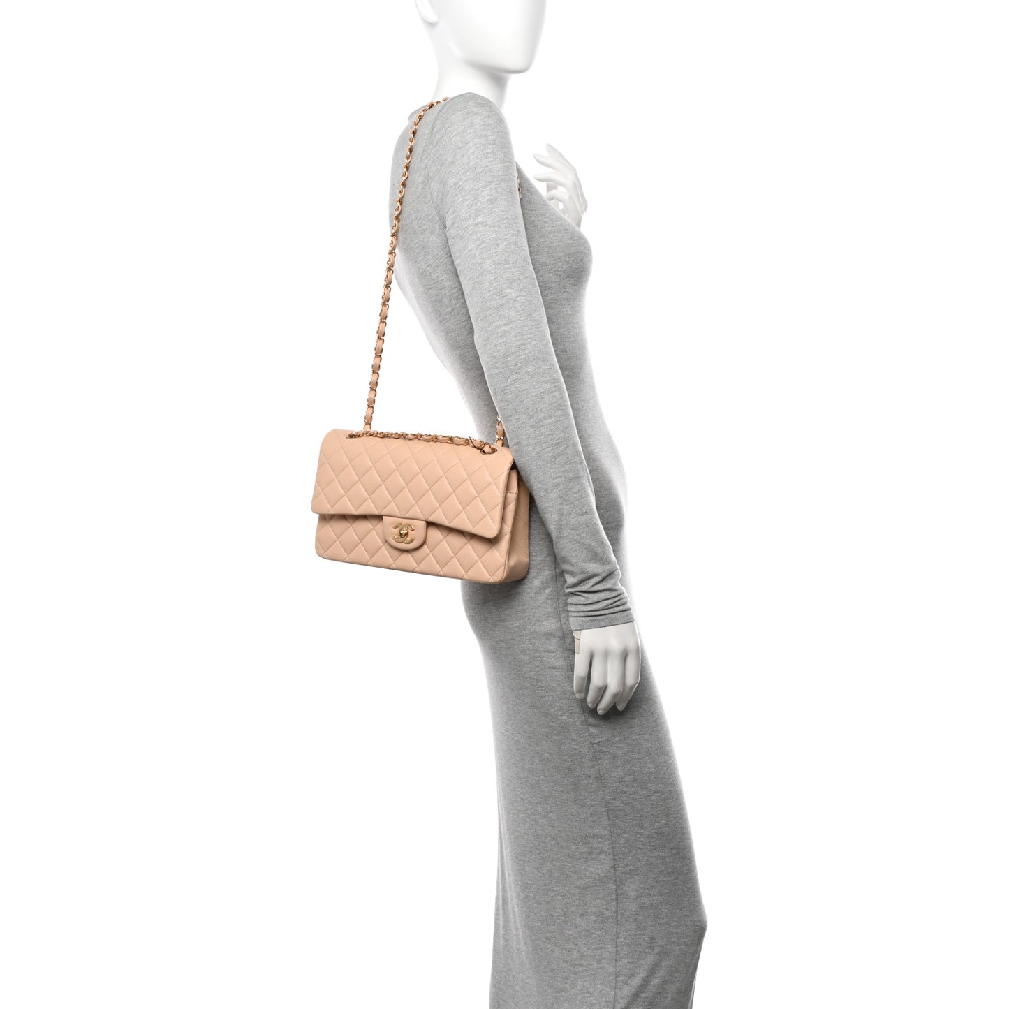 Lambskin Quilted Medium Double Flap Beige