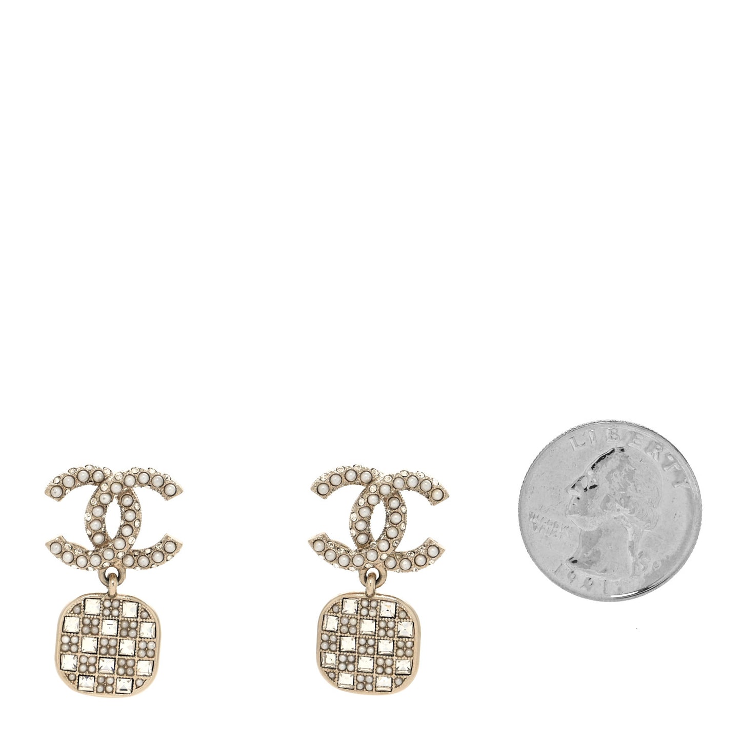 Pearl Baguette Crystal CC Drop Earrings Gold