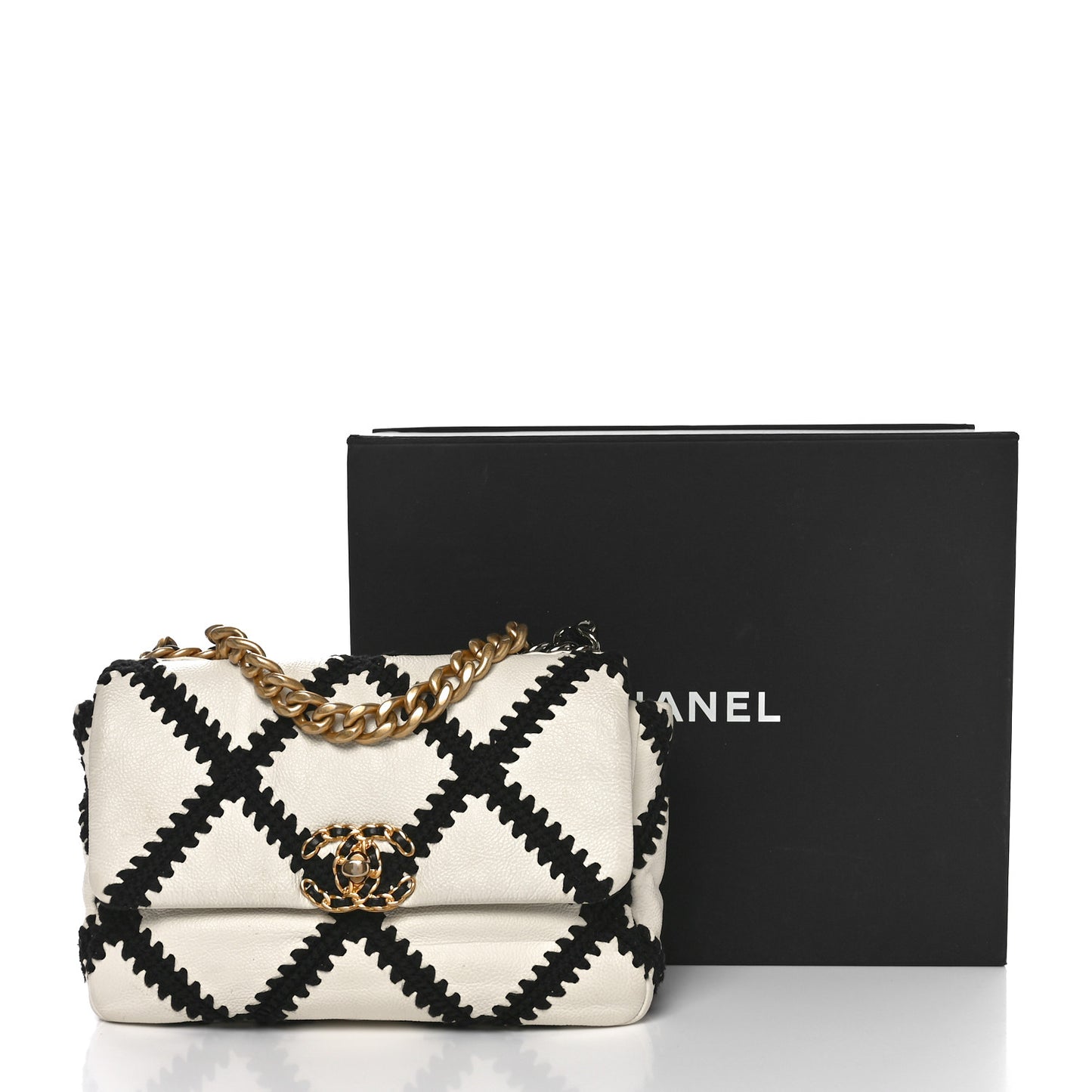 Calfskin Crochet Medium Chanel 19 Flap White Black