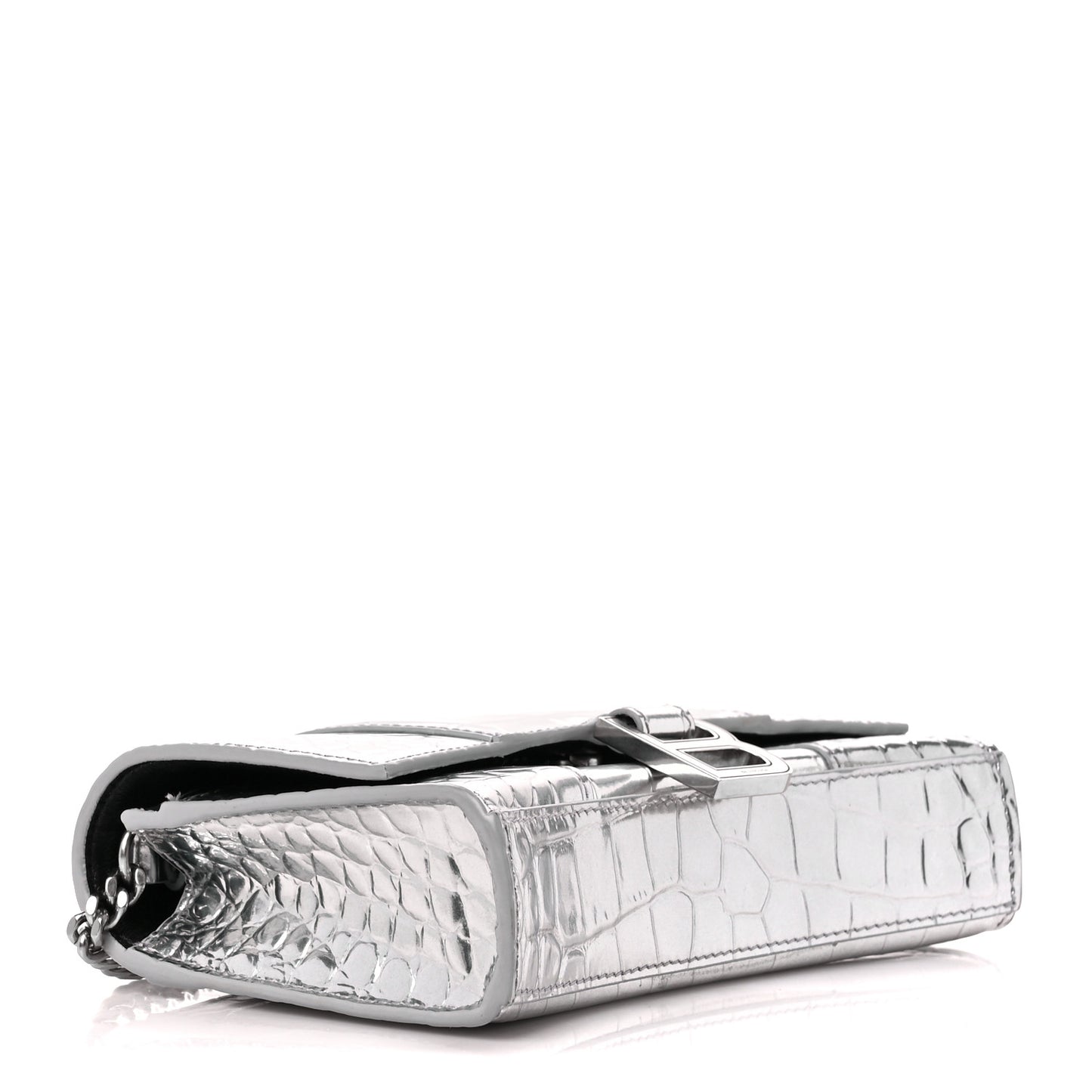 Metallic Calfskin Crocodile Embossed Hourglass Chain Bag Silver