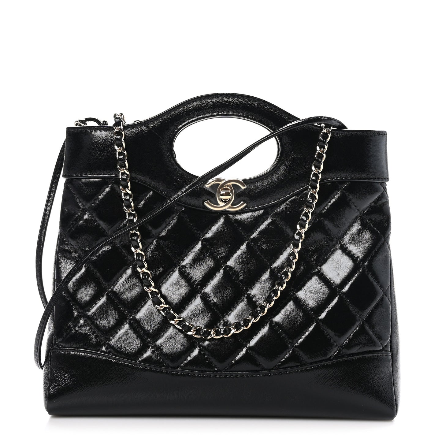 Shiny Crumpled Calfskin Quilted Mini 31 Shopping Bag Black
