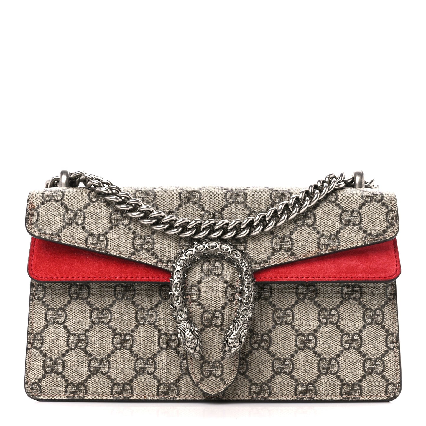 GG Supreme Monogram Suede Crystal Small Dionysus Shoulder Bag Beige Ebony Vulcanic Red
