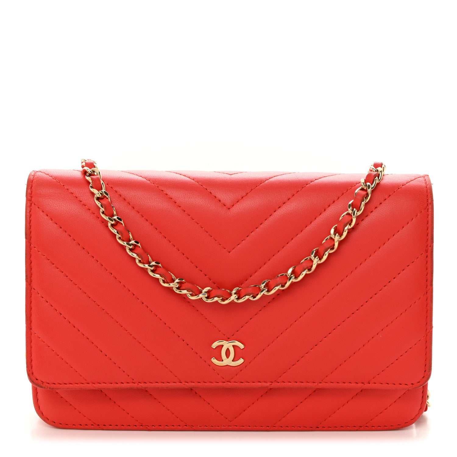Chanel Lambskin Chevron Quilted Wallet On Chain WOC Red 1 of 13