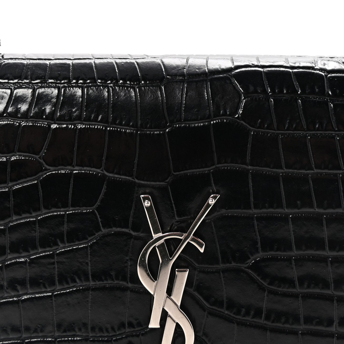 Calfskin Crocodile Embossed Kate Monogram Tassel Chain Wallet Black