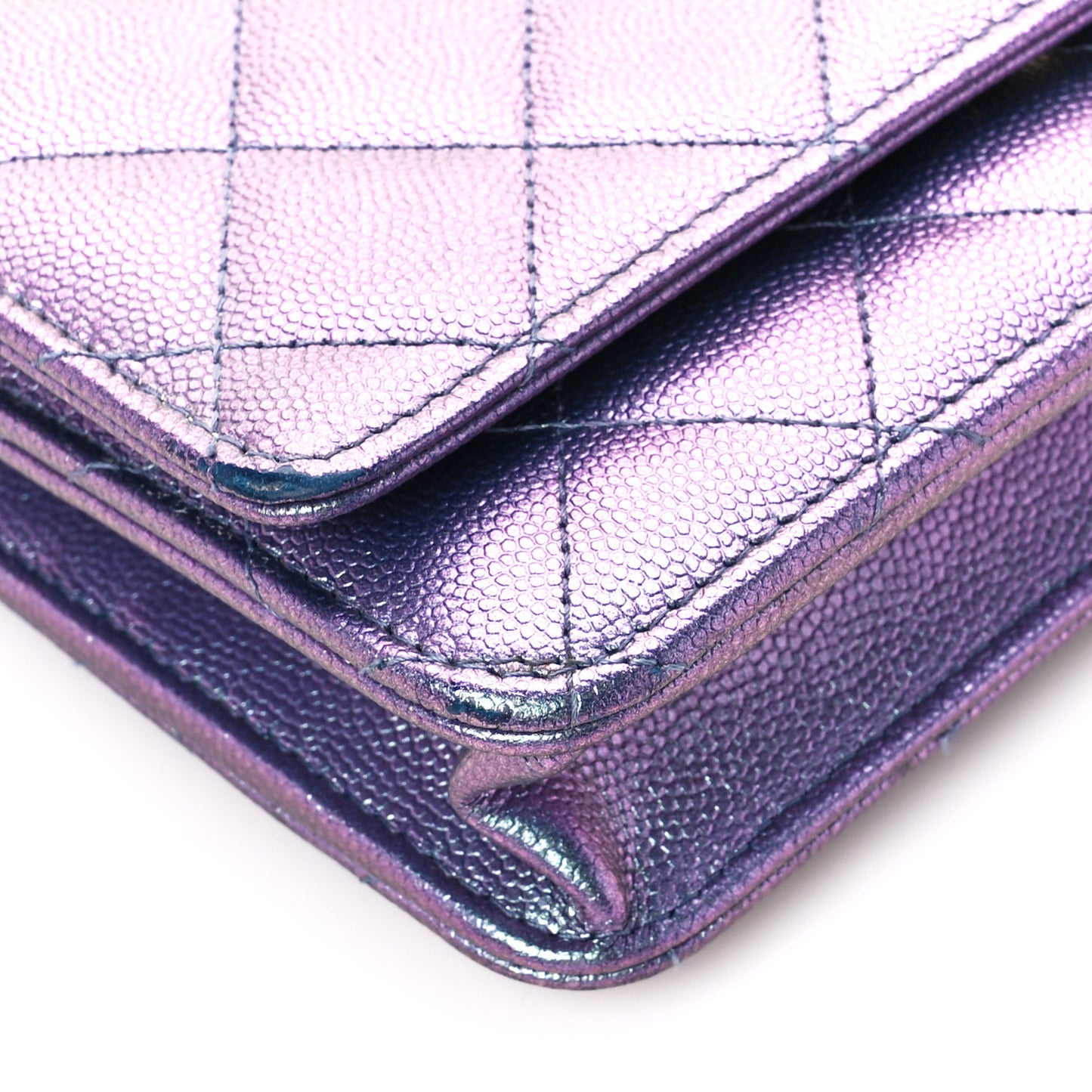 Iridescent Caviar Quilted Wallet on Chain WOC Dark Blue