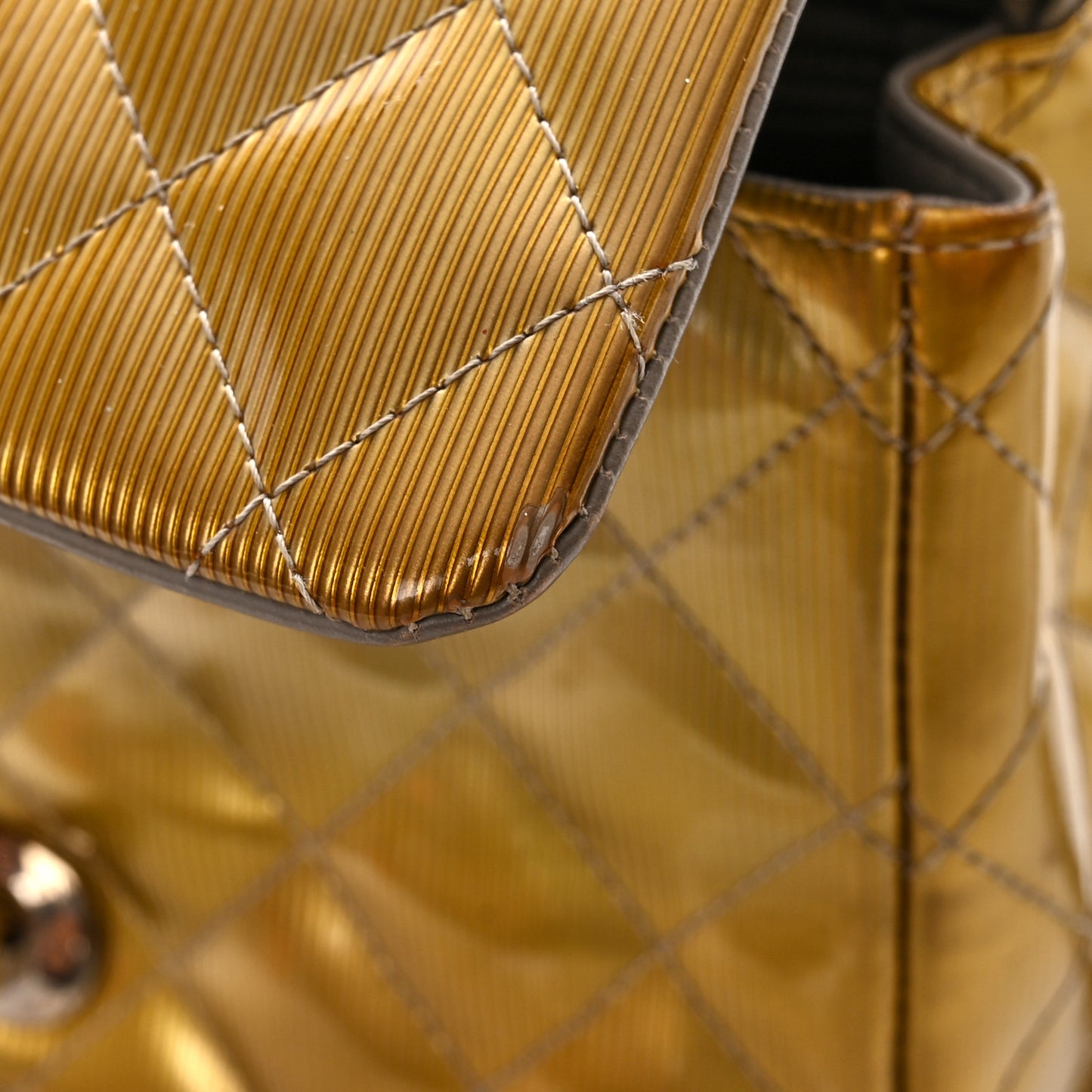 Striated Patent Quilted Mini Square Flap Beige