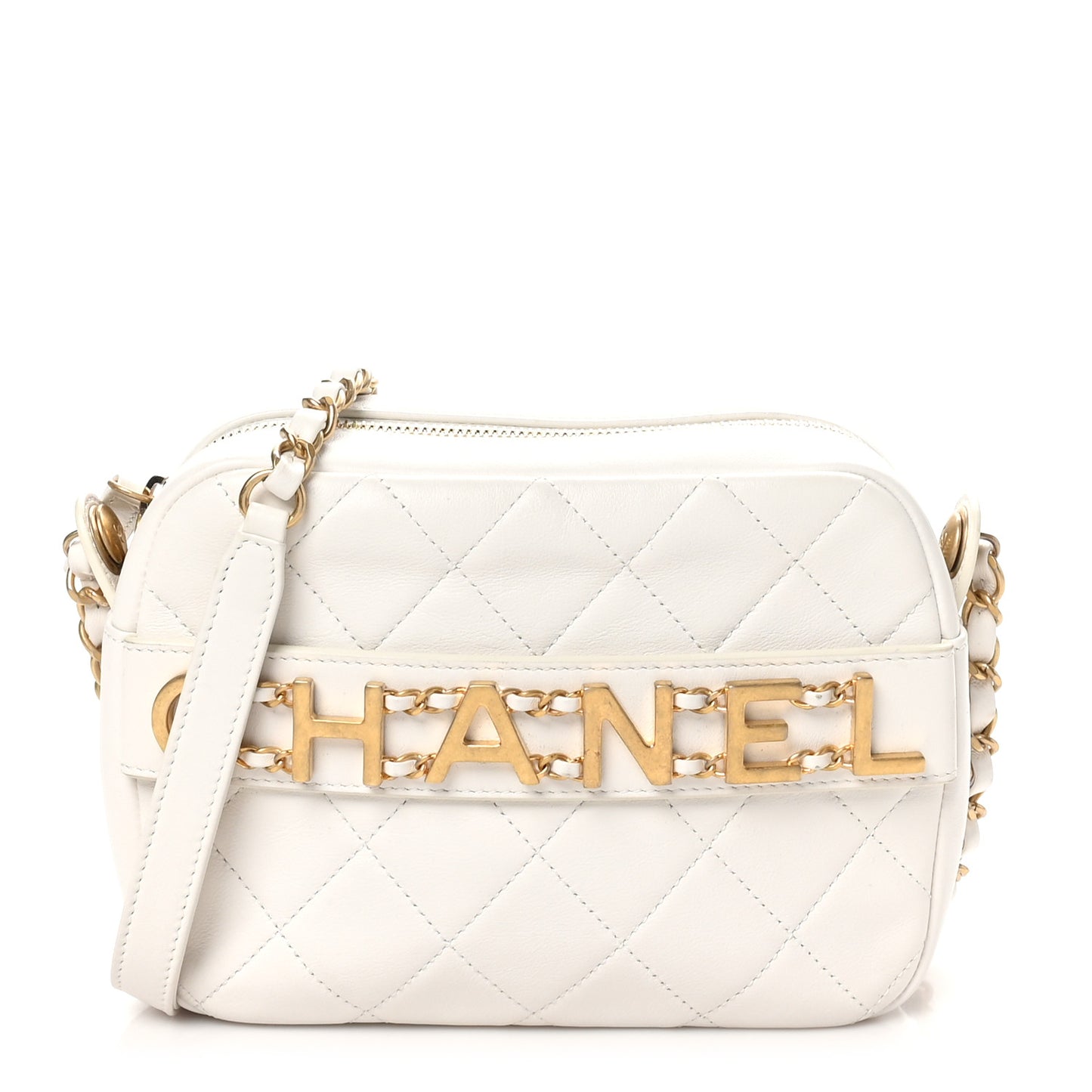 Calfskin Quilted Enchained Camera Case Bag White