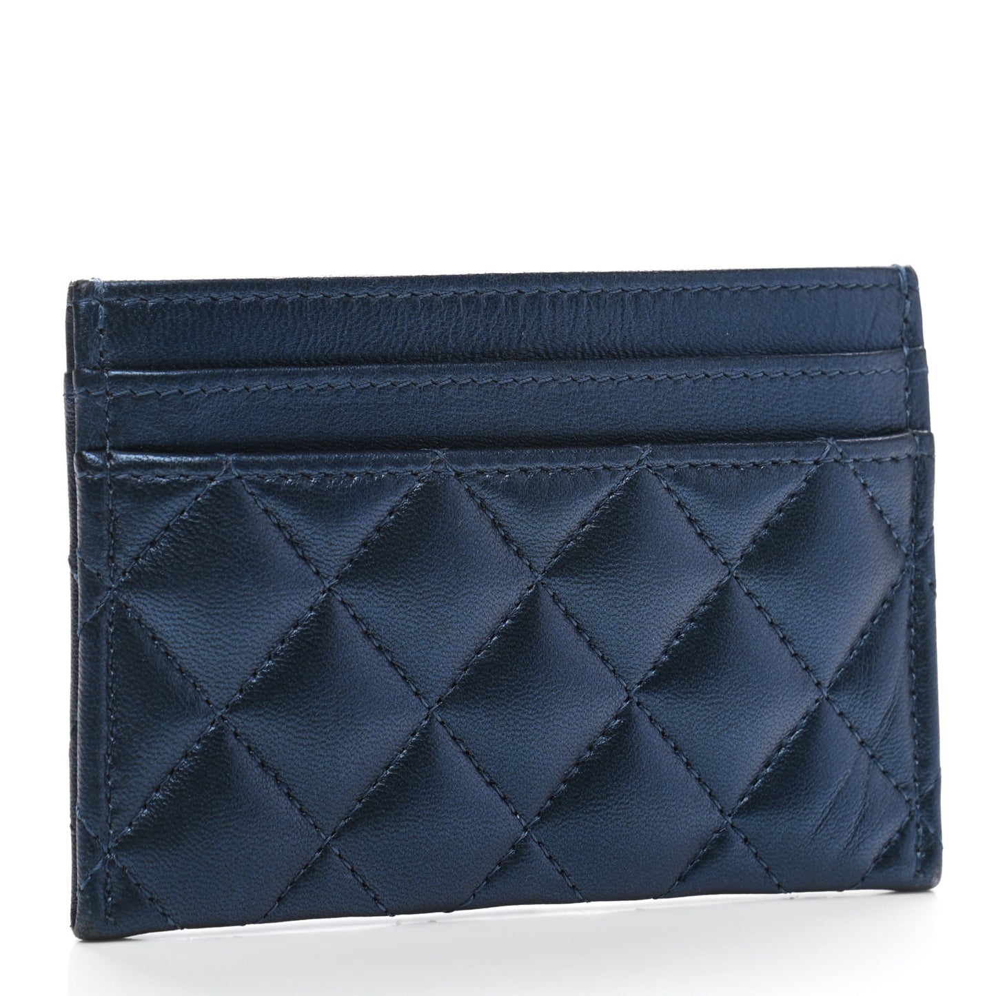 Metallic Lambskin Quilted Boy Card Holder Navy Blue