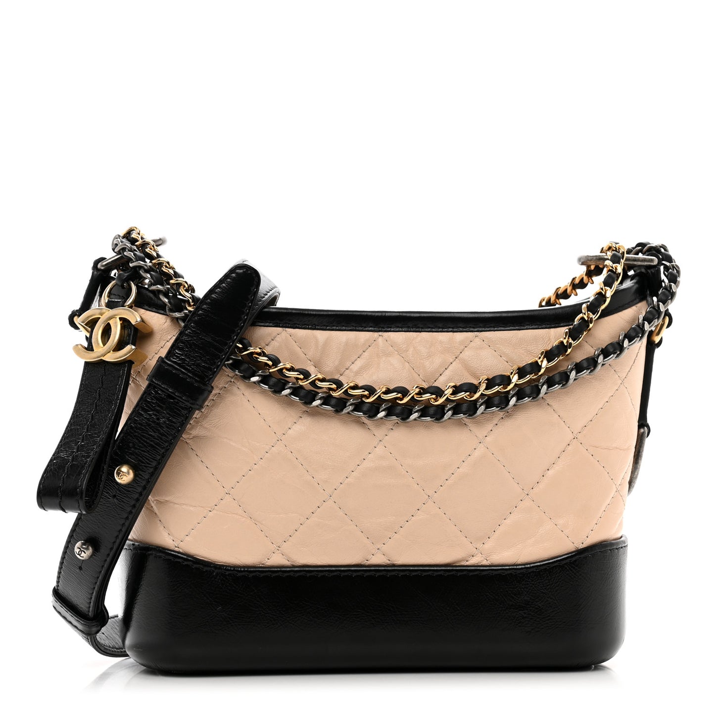 Aged Calfskin Quilted Small Gabrielle Hobo Beige Black