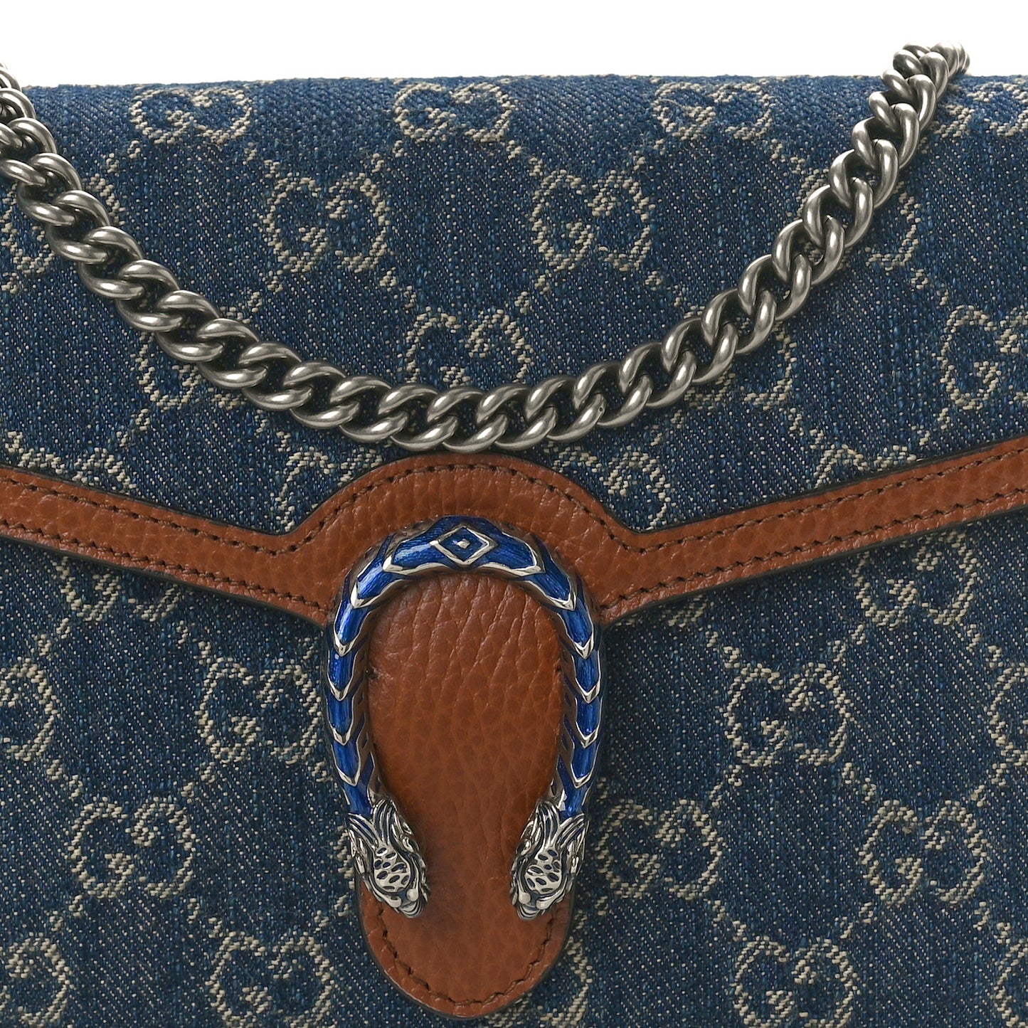 New Denim GG Monogram Dollar Calfskin Enamel Mini Dionysus Chain Wallet Blue Tea Cuir Epilog Electric Blue