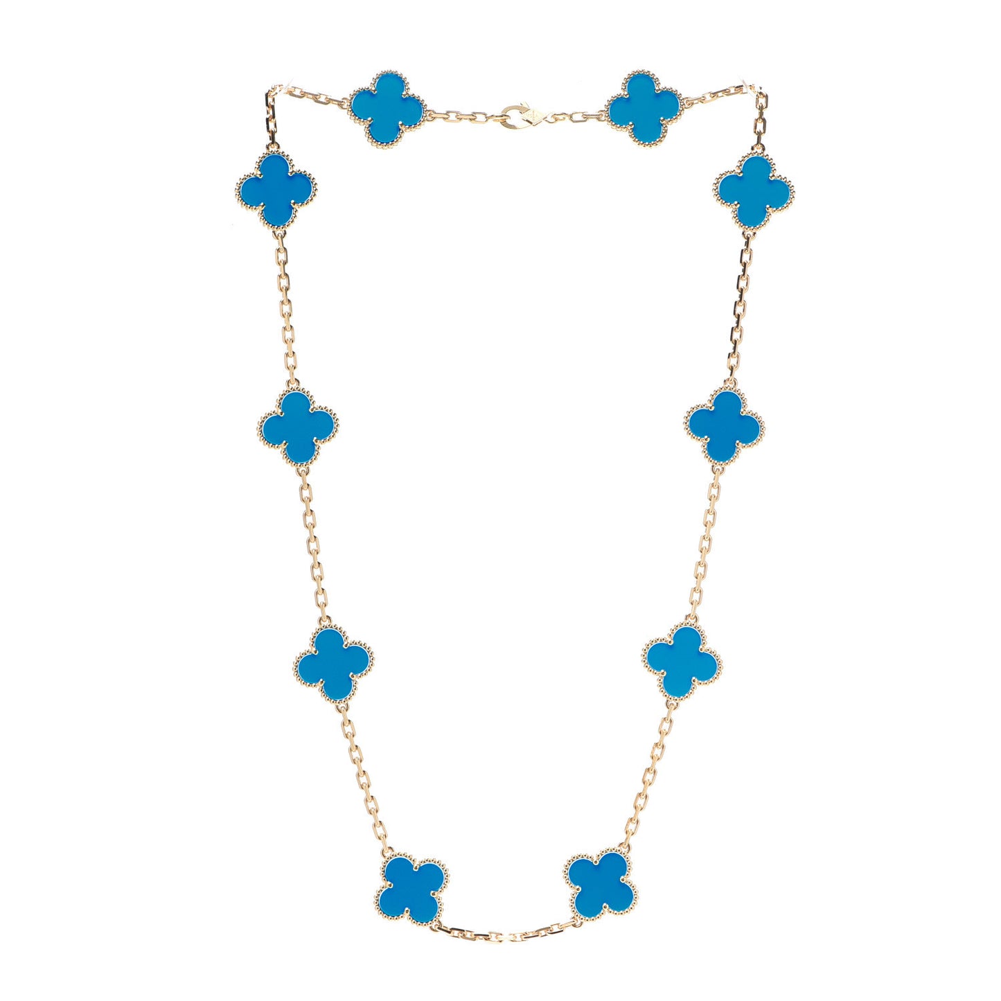18K Yellow Gold Blue Agate 10 Motifs Vintage Alhambra Necklace