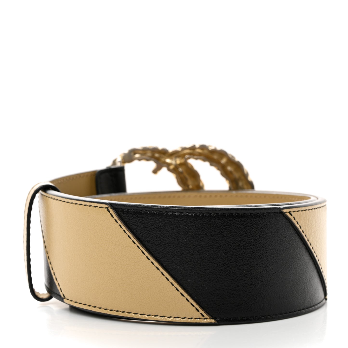 Calfskin Striped Textured Double G 50mm Belt 80 32 Black Beige