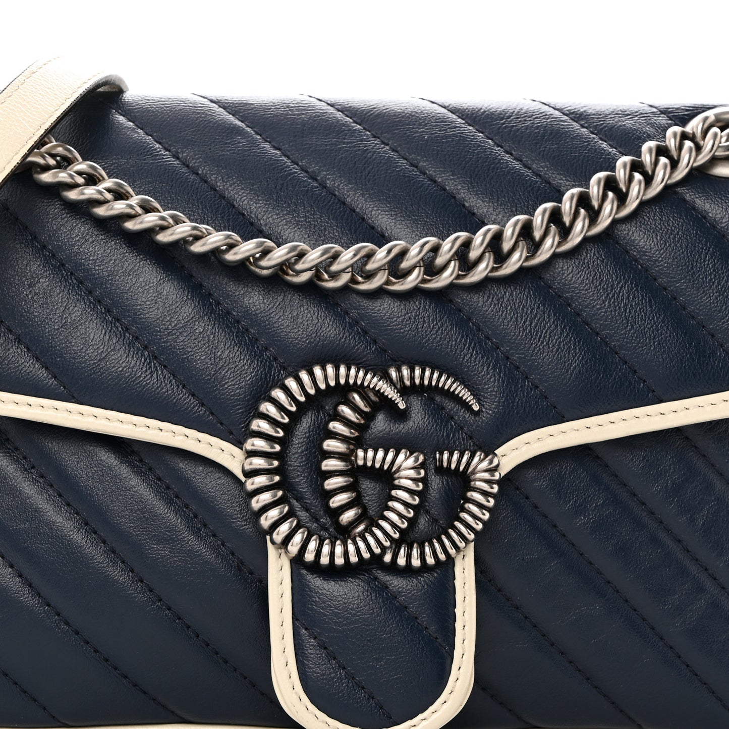 Vintage Effect Calfskin Matelasse Diagonal Small Torchon GG Marmont Shoulder Bag Blue Agata Mystic White