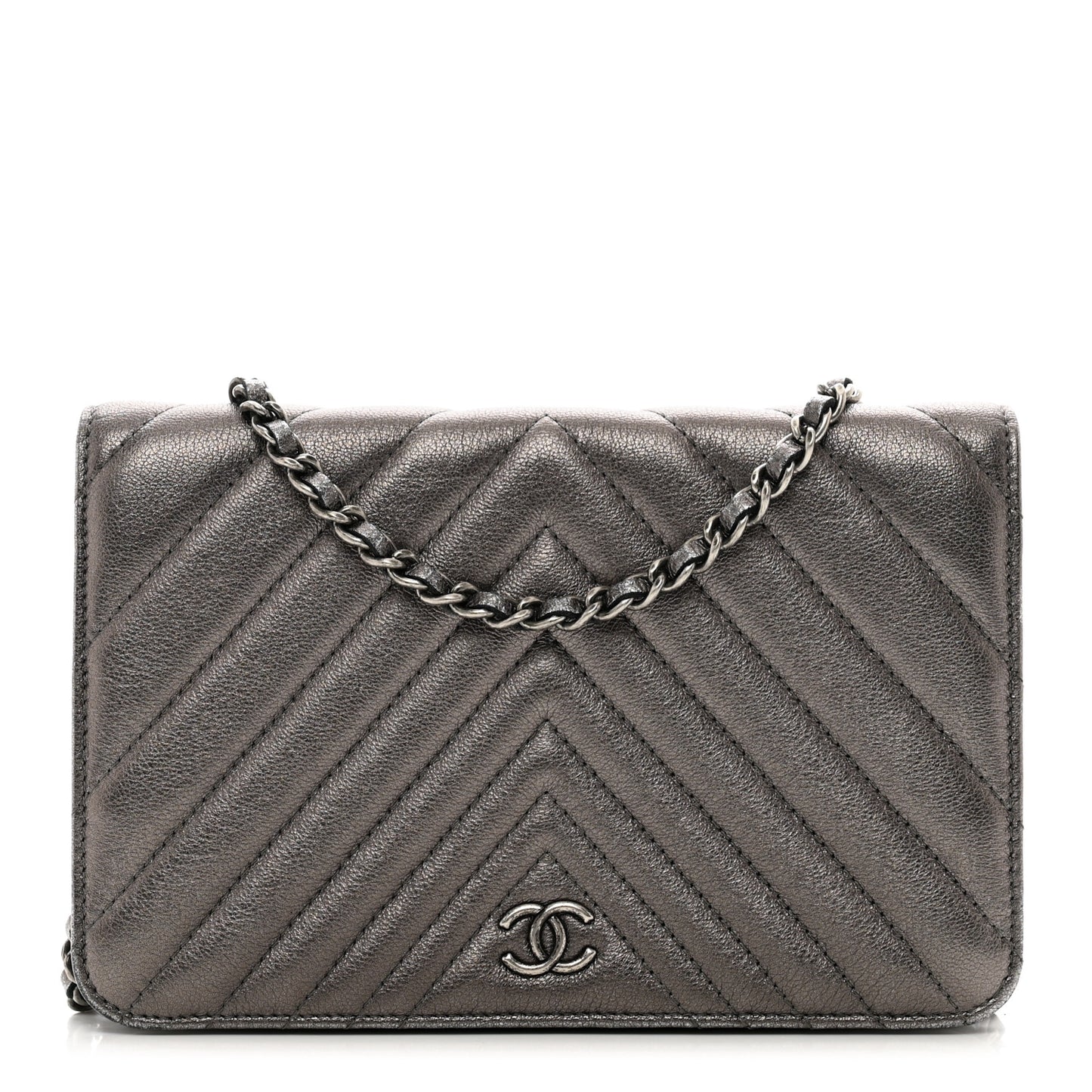 Metallic Lambskin Chevron Quilted Wallet On Chain WOC Grey