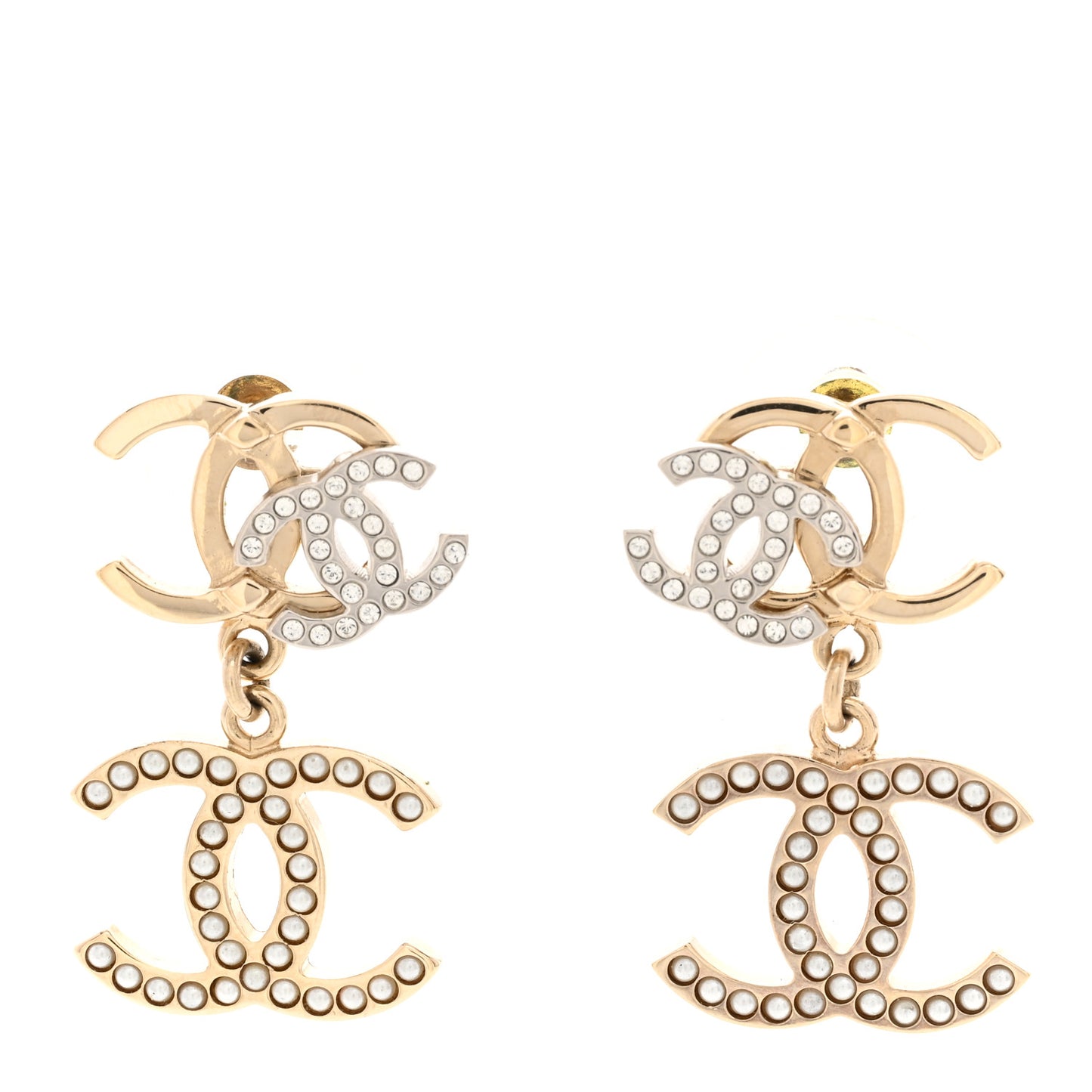 Crystal Pearl Double CC Drop Earrings Gold Silver
