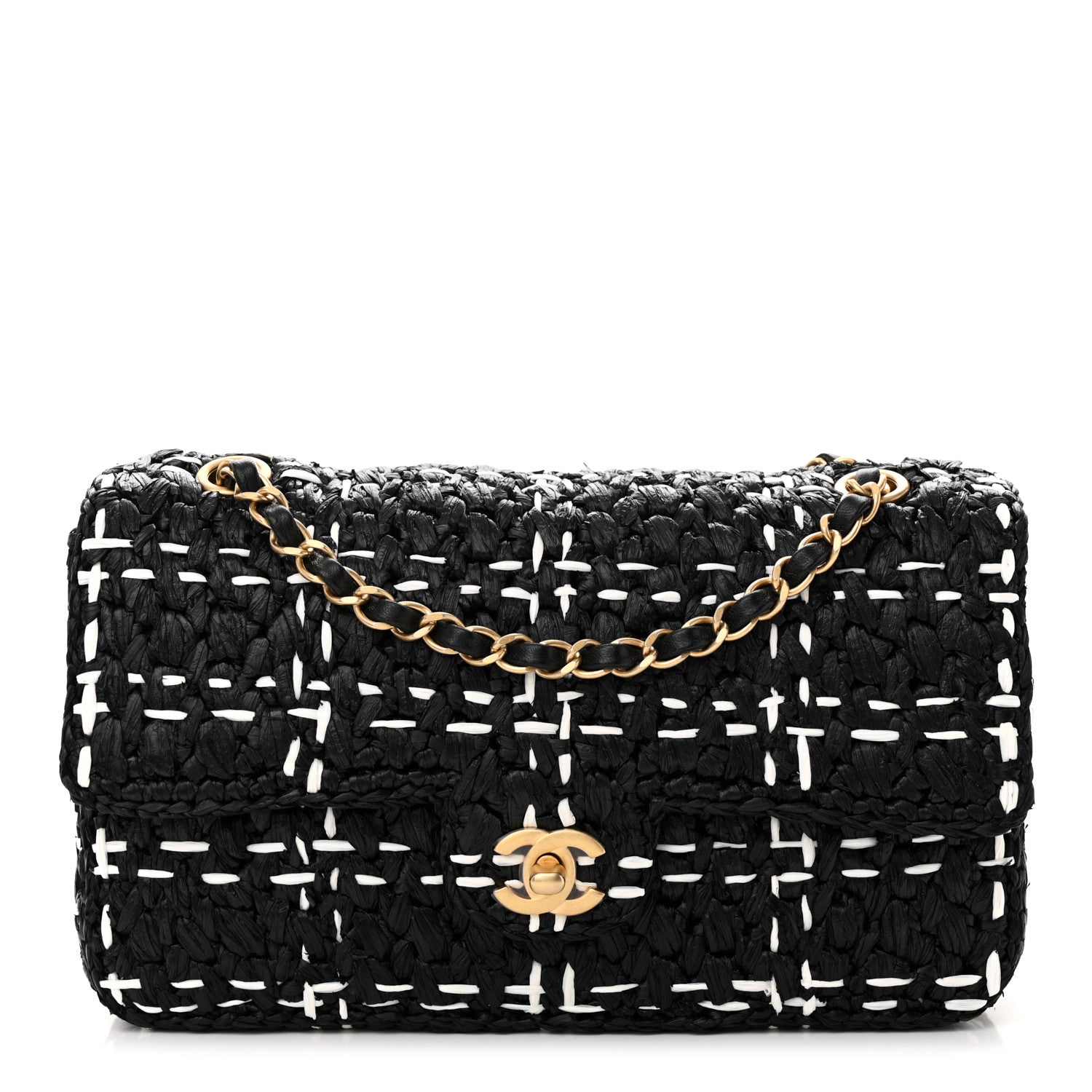 Chanel Raffia Effect Medium Tweedy Flap Bag Black White 1 of 10