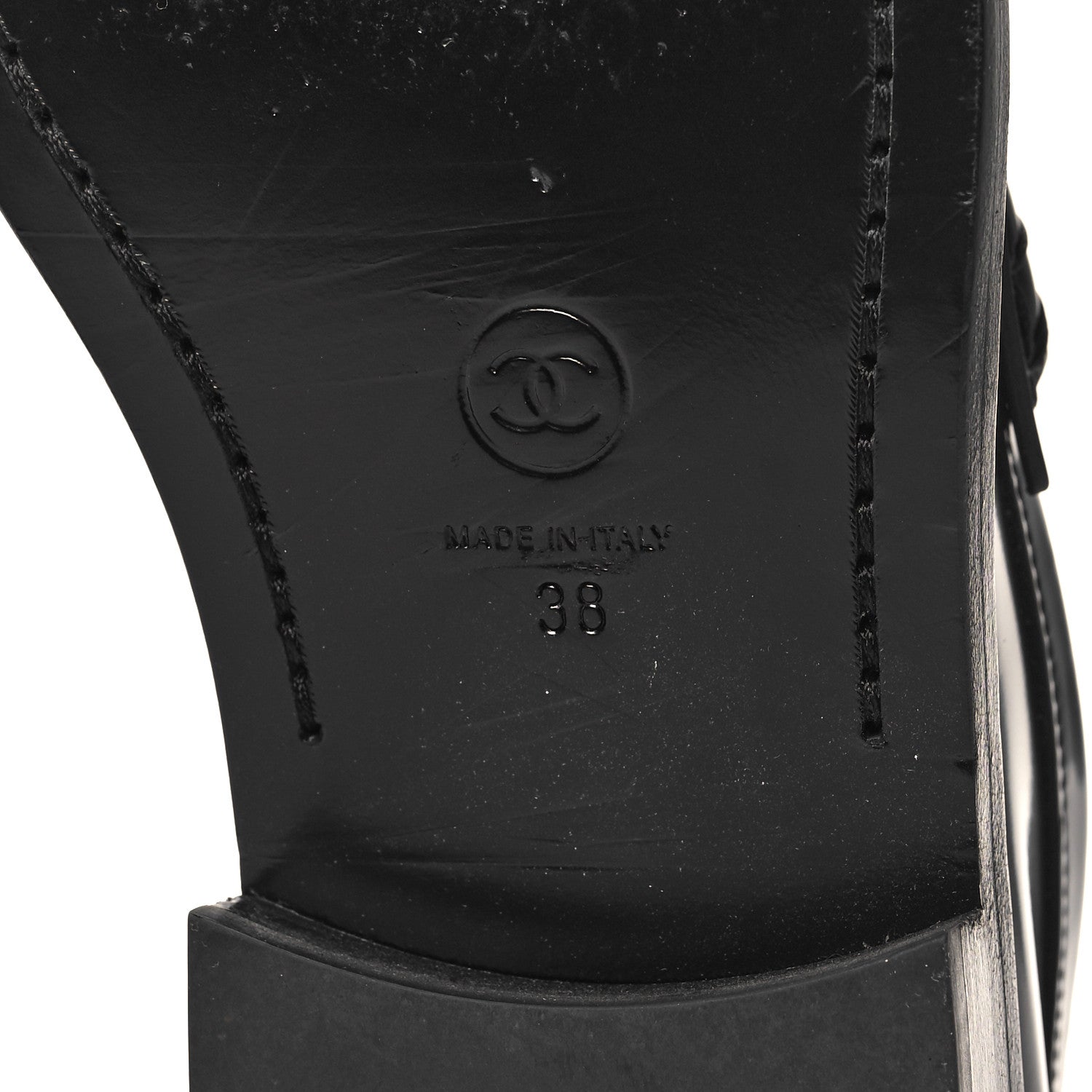 Chanel Shiny Calfskin Logo Loafers 38 Black 7 of 10