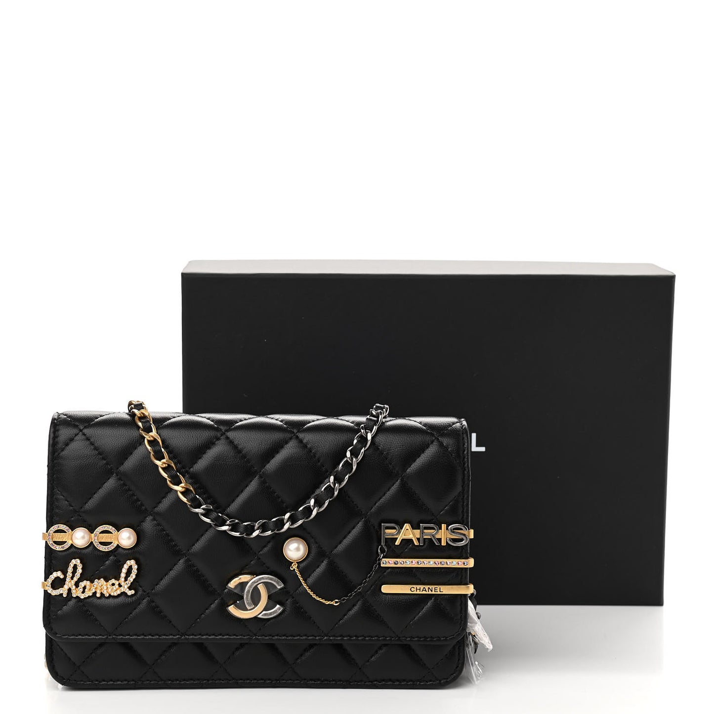 Lambskin Quilted Coco Clips Wallet On Chain WOC Black