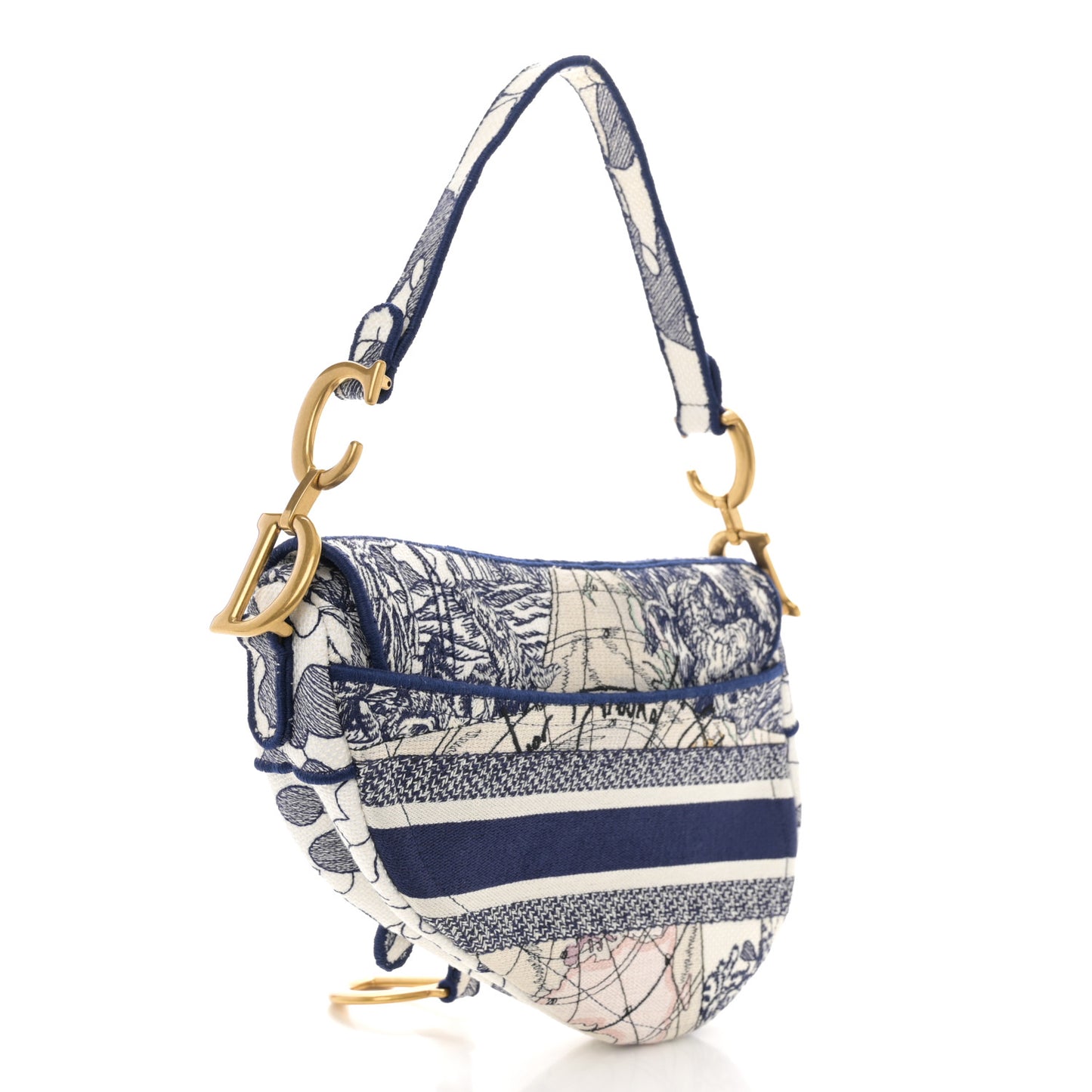 Canvas Embroidered Around the World Saddle Bag Blue