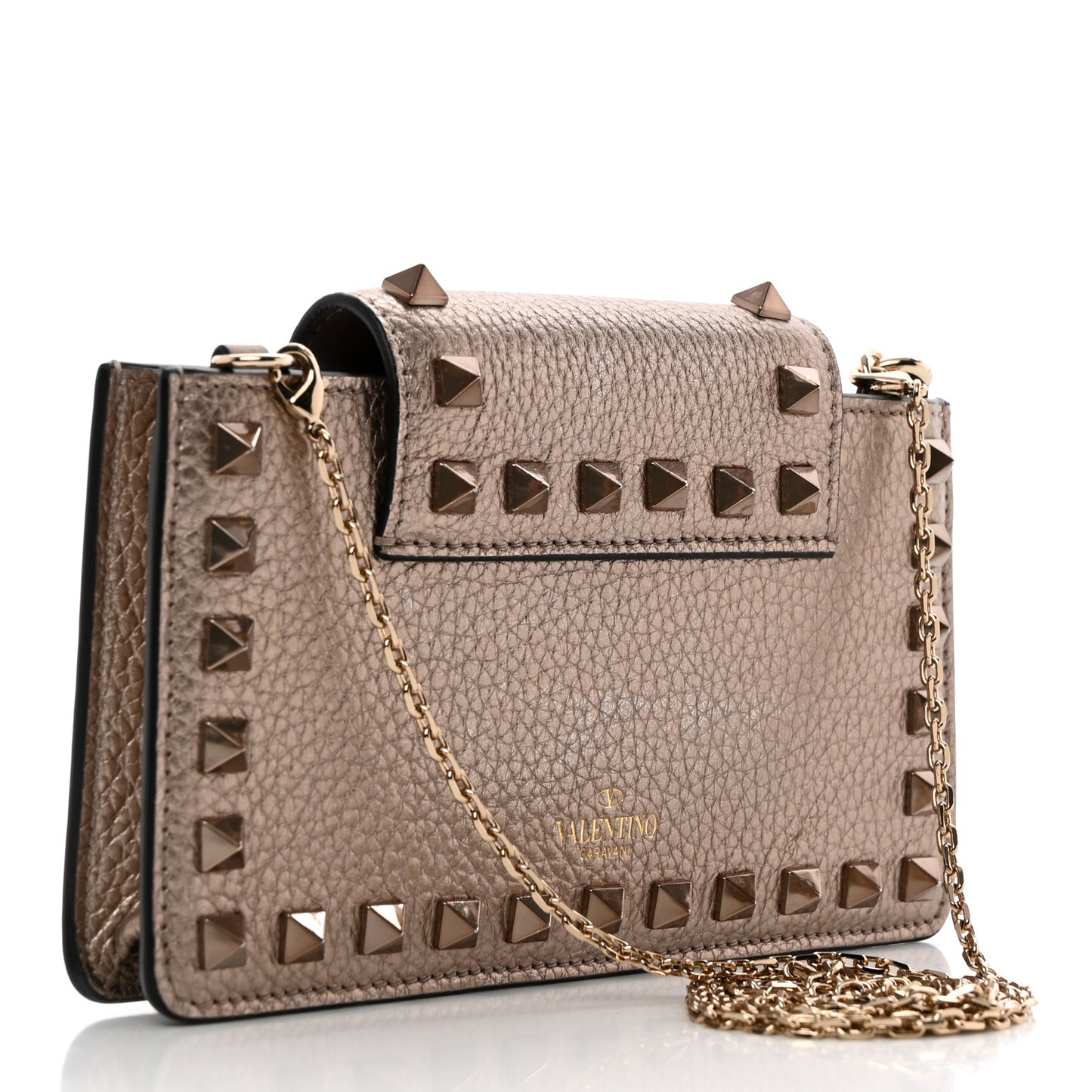 Metallic Pebbled Calfskin Rockstud Phone Case With Chain Sasso