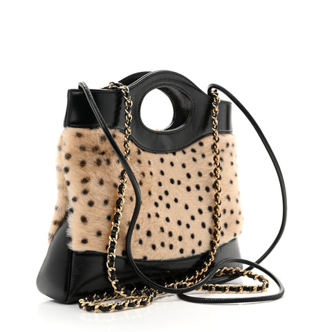Shiny Lambskin Pony Hair Cheetah Printed Mini 31 Shopping Bag Light Beige Black