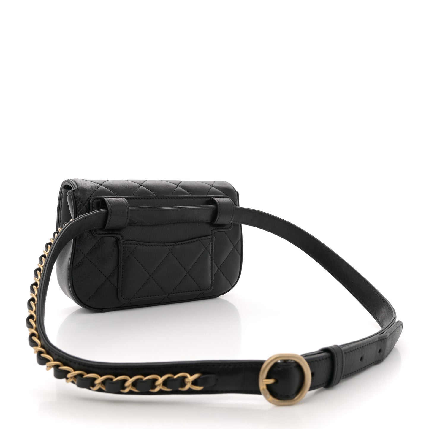 Lambskin Quilted Chain Infinity Waist Belt Bag Black